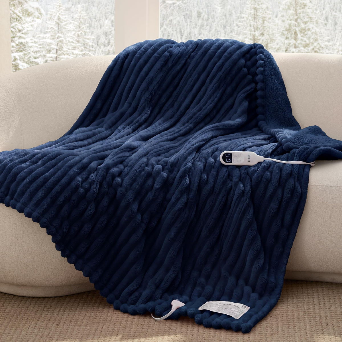 Bedsure Heated Blanket Electric Throw - Thick Striped Fast Heating Electric Blanket with Preheat Function, 6 Heat & 6 Timer (Up to 10H), 8H Auto Off, ETL Certified, Gifts for Women (50"x60", White)