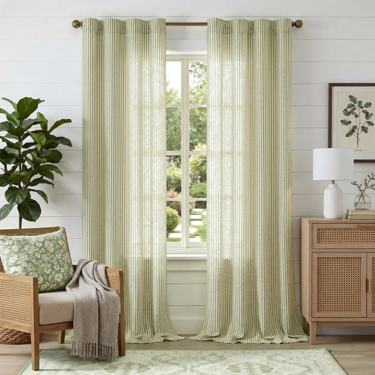 jinchan Linen Curtains 84 Inch Taupe Grey Stripe on Beige Grommet 2 Panels