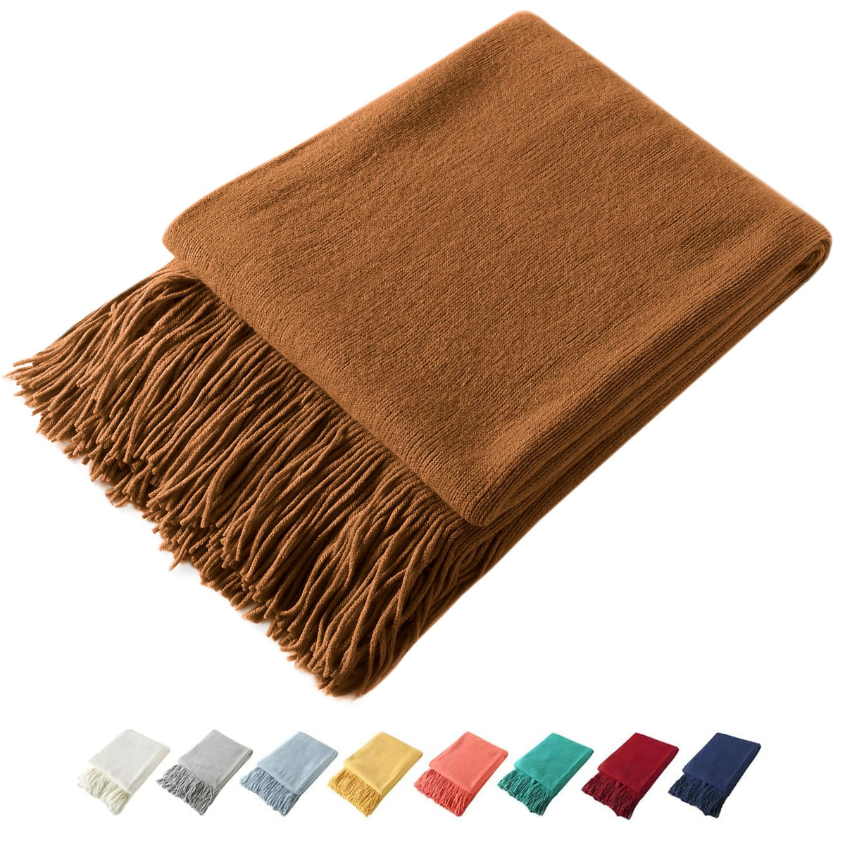 Homiest Pale Blue Knitted Throw Blanket with Fringe, 50x60 Inch