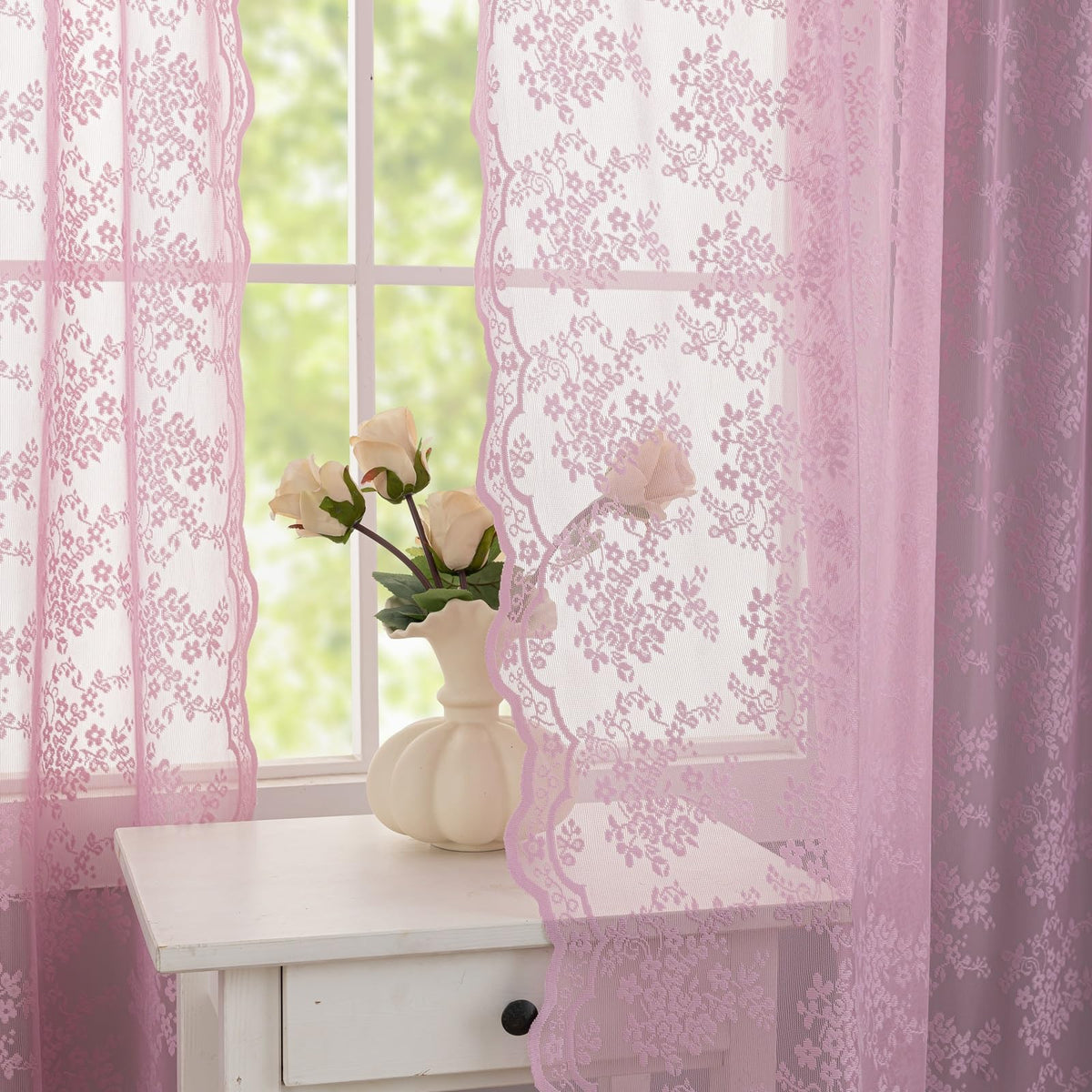 YJ YANJUN Vintage Lace Curtains 84 Inches Long-Victorian Floral Pattern Ivory Sheer Curtain Panels for Living Room Bedroom French Door, Light Filtering Drapes, 2 Panels 52W x 84L Cream
