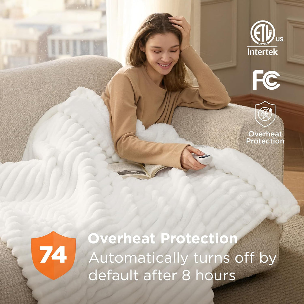 Bedsure Heated Blanket Electric Throw - Thick Striped Fast Heating Electric Blanket with Preheat Function, 6 Heat & 6 Timer (Up to 10H), 8H Auto Off, ETL Certified, Gifts for Women (50"x60", White)