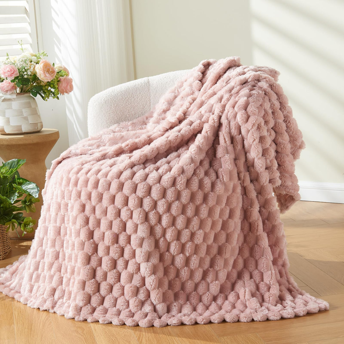 NEWCOSPLAY Fleece Ribbed Cozy Throw Blanket for Couch, Pink, 50"x60"