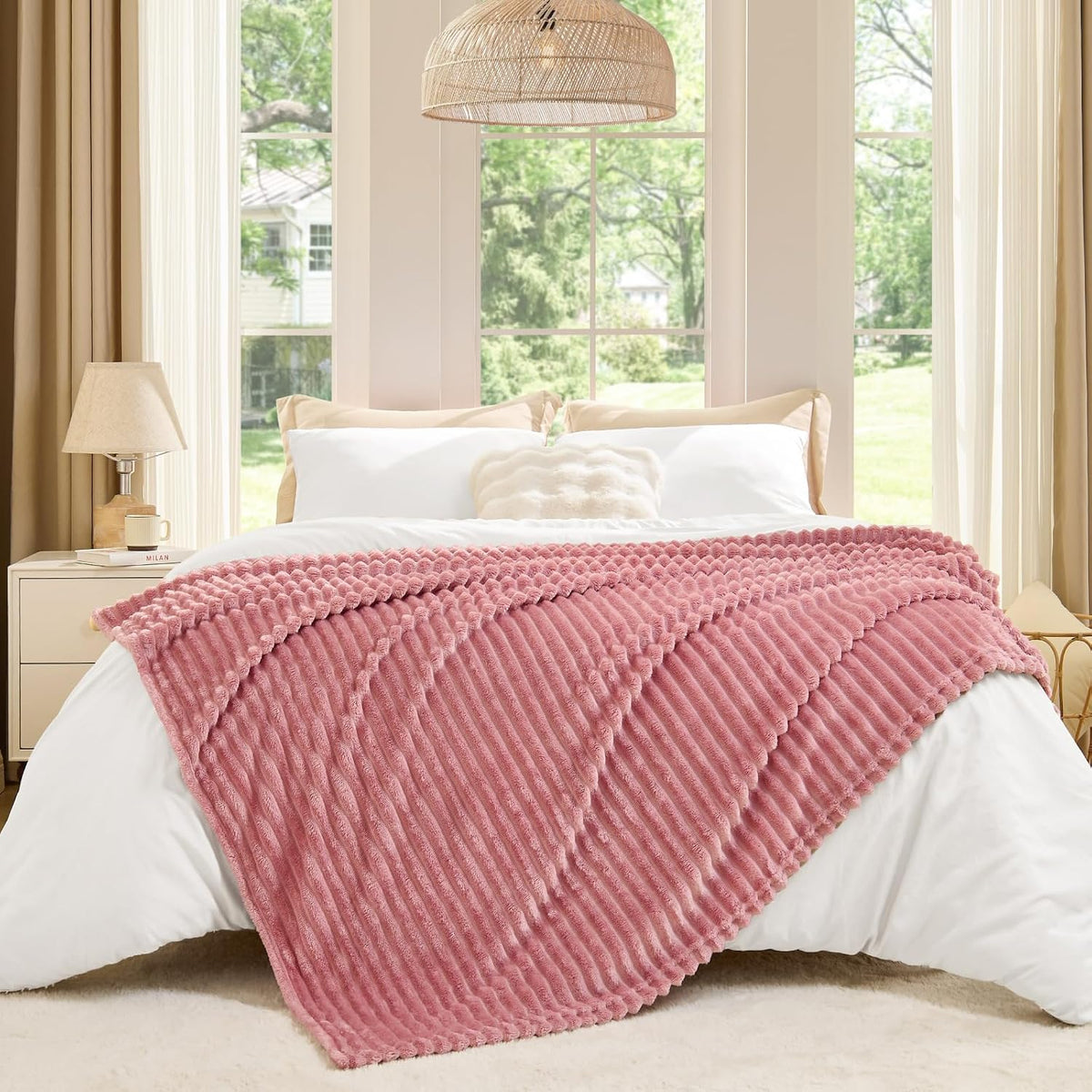BEDELITE 3D Ribbed Jacquard Pink Fleece Throw Blanket for Couch, 50x60 Inch