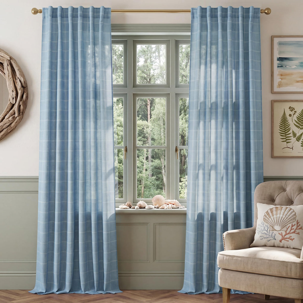 NICETOWN Moss Green Linen Plaid Curtains 96 inches Long for Bedroom