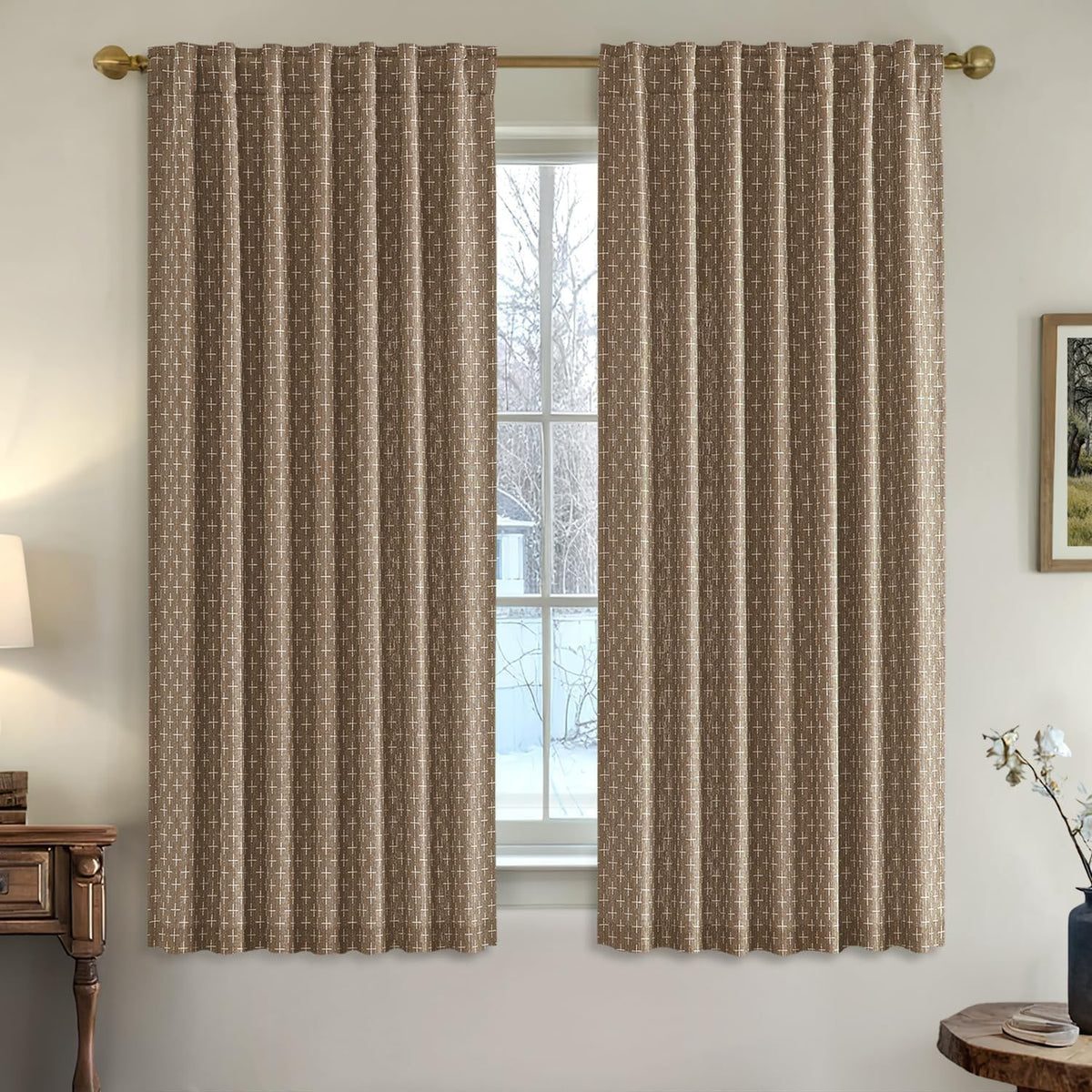 MIULEE Patterned Farmhouse Linen Curtains, Back Tab, 52Wx84L, Blue