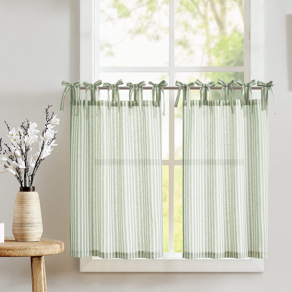 jinchan Striped Linen Kitchen Curtains 36 Inches Length Tier Curtains Farmhouse Modern Cafe Style Small Window Treatments Airy Light Filtering Rod Pocket for Living Room Bathroom 2 Panels Sage Green