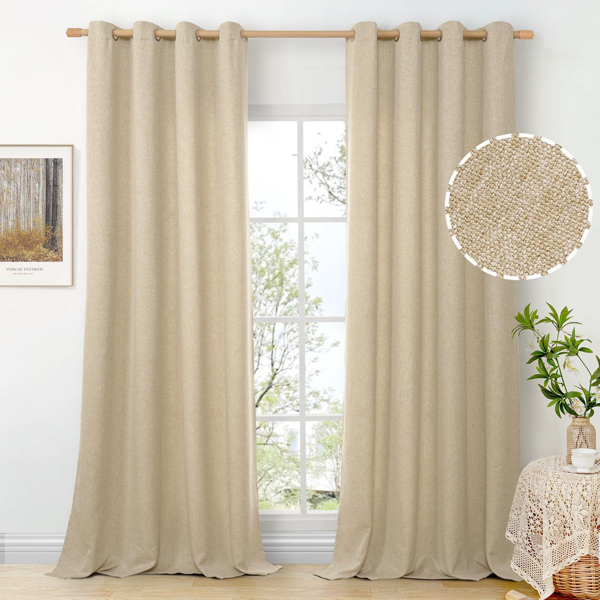 BGment Oatmeal Linen Curtains for Living Room 95 Inch Length 2 Panels Set, Privacy Drapes Light Filtering with Grommet for Farmhouse Bedroom No See Through, Each 52 Inch Wide