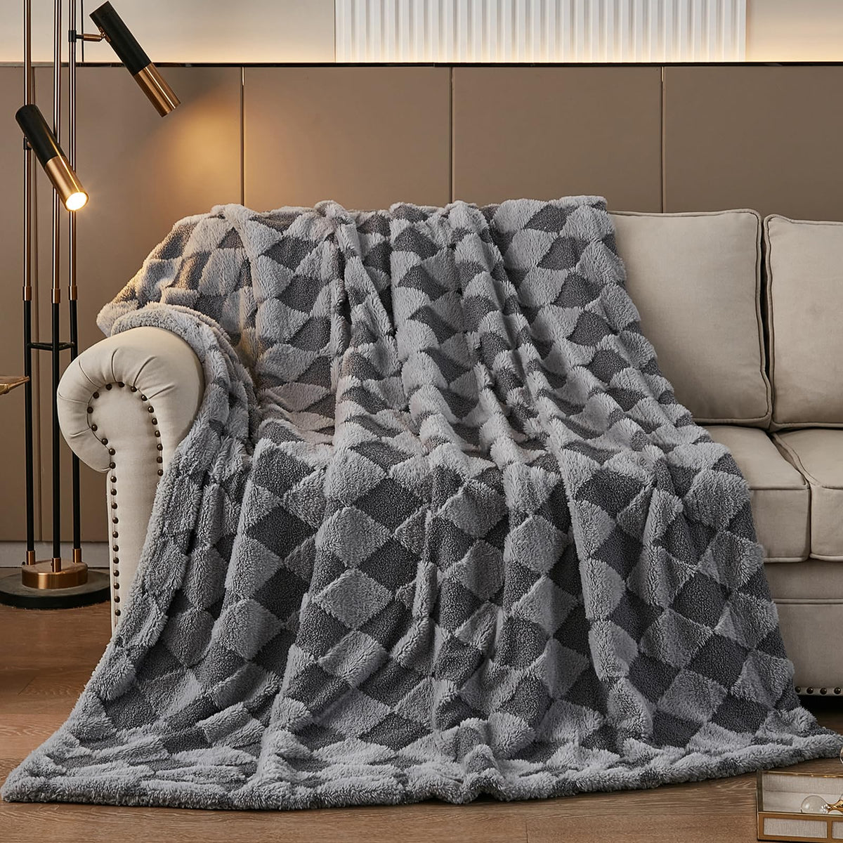 PU MEI Sherpa Fleece Throw Blanket 60" x 80" Reversible Plush Fluffy Large Big Blanket Lattice Flannel Blankets for Sofa Couch Bed (Grey-Soft Blue, 60"*80")