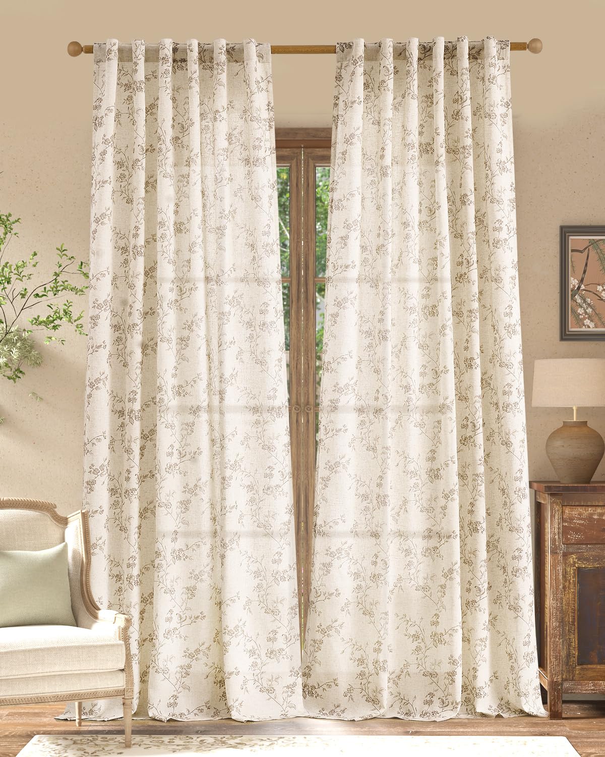 jinchan Taupe Floral Linen Curtains 84 Inch Farmhouse Back Tab 2 Panels