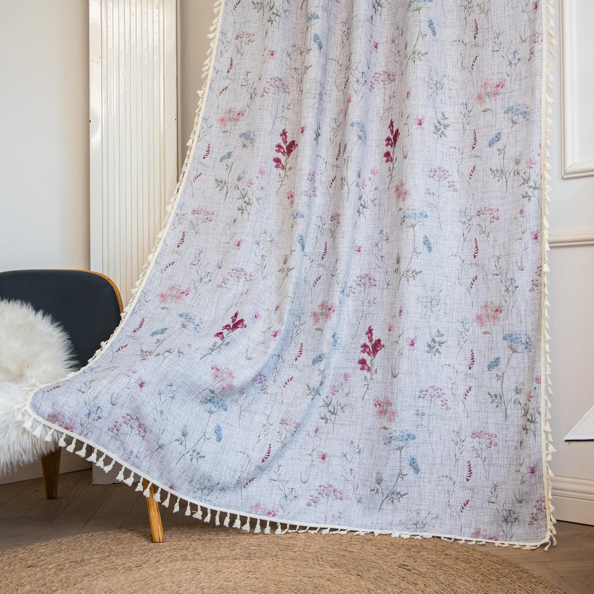 ENJOYBRIDAL Floral Curtains 84 Inch Long Living Room Boho Drapes Bedroom 2 Panels Semi Sheer Floor Length Window Curtain Panels Vintage Rod Pocket Tassel Farmhouse Nursery Window Treatments