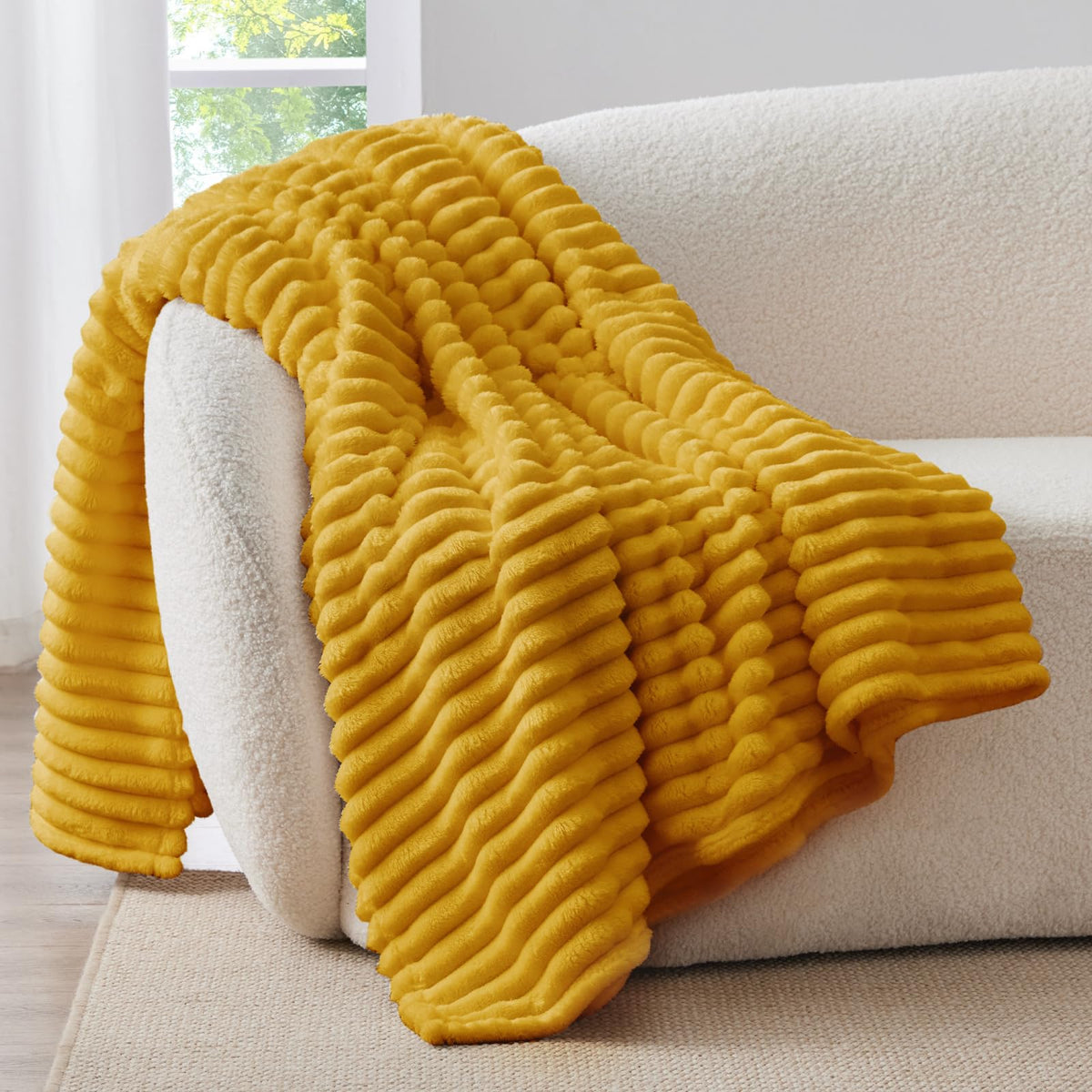 BEDELITE Ribbed Fleece Throw Blanket for Couch, Cream, 50"x60"