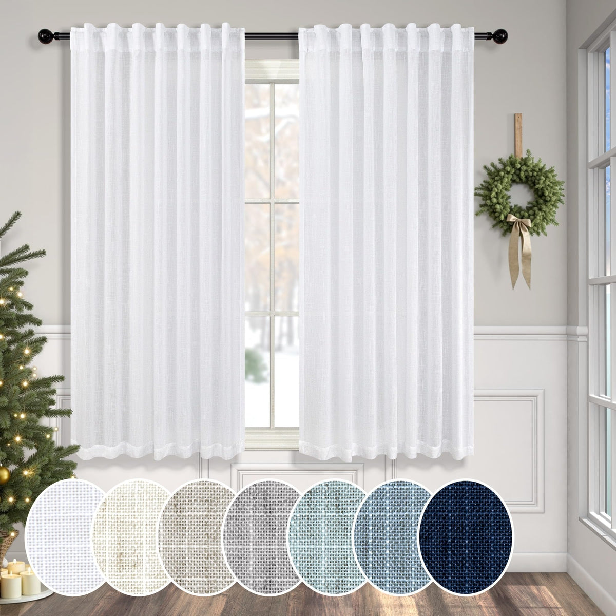 Natural Linen Back Tab Curtains 84 Inch Length for Living Room 2 Panel Pocket Drape Light Filtering Semi Sheer Neutral Country Rustic Farmhouse Boho Curtain Bedroom Muslin Look Ivory Cream Colored