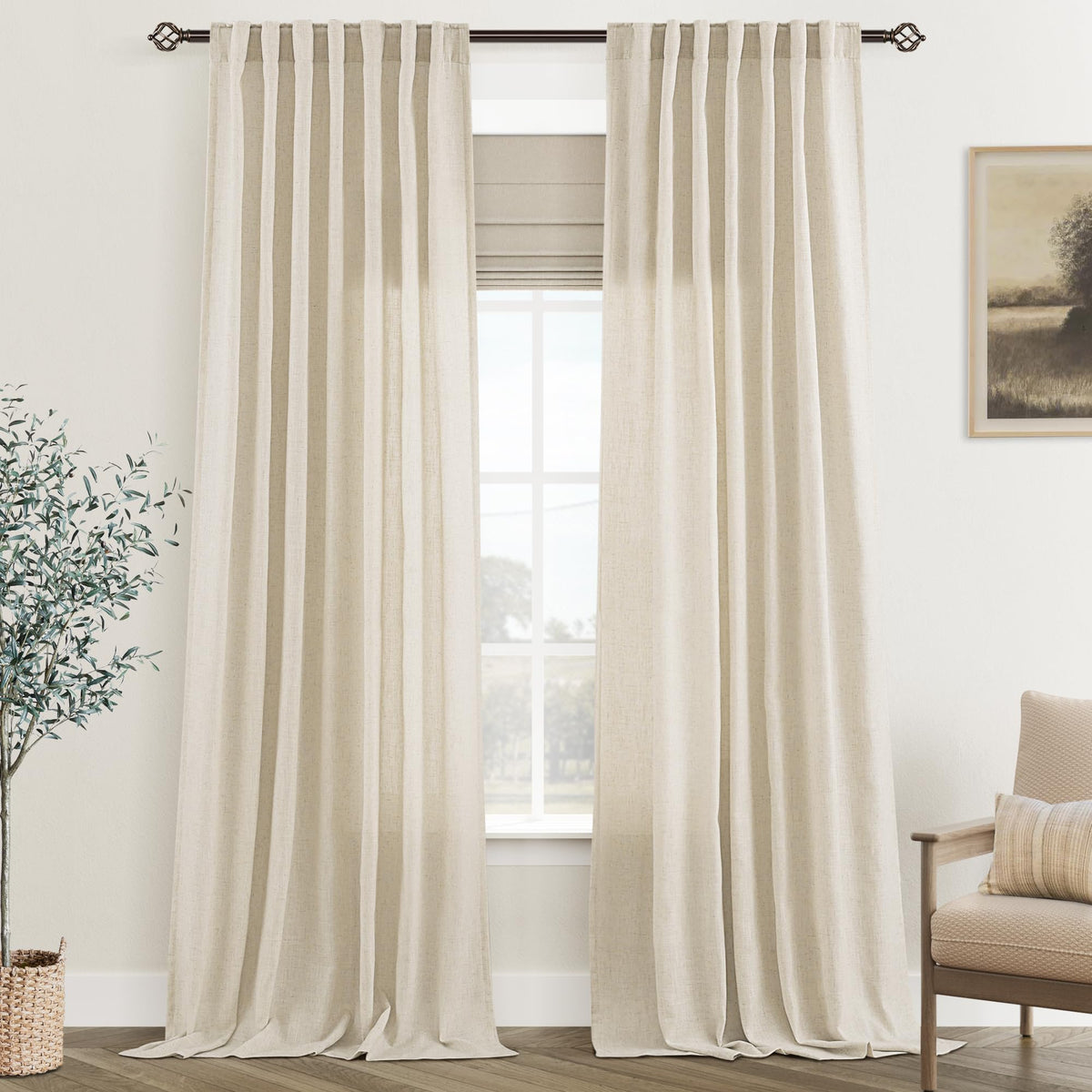 96 inch Long Linen Curtains 2 Panels for Living Room Back Tab Cream Ivory Light Filtering Semi Sheer Curtain 96 inches Long Boho Farmhouse Rustic Linen Drapes Floor to Ceiling Length 8 FT