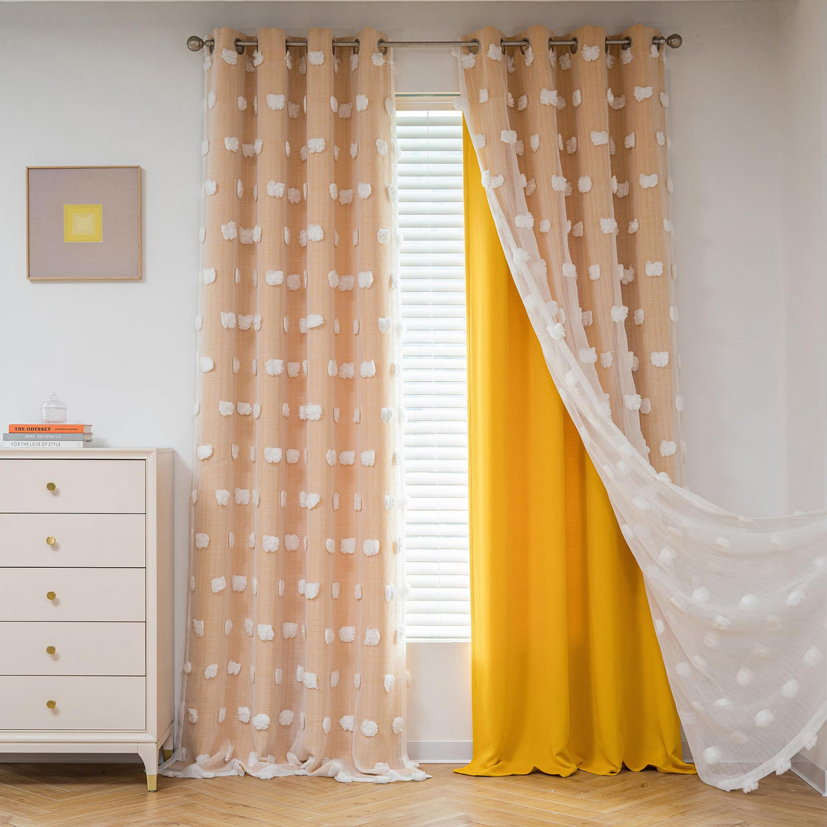MYSKY HOME Beige Boho Curtains for Living Room 84 Inches Long Blackout Bohemian Curtains 2 Panels Beige Pom Pom Sheer Thermal Insulated Rustic Grommet Privacy Room Darkening Window Drapes 52" x 84"