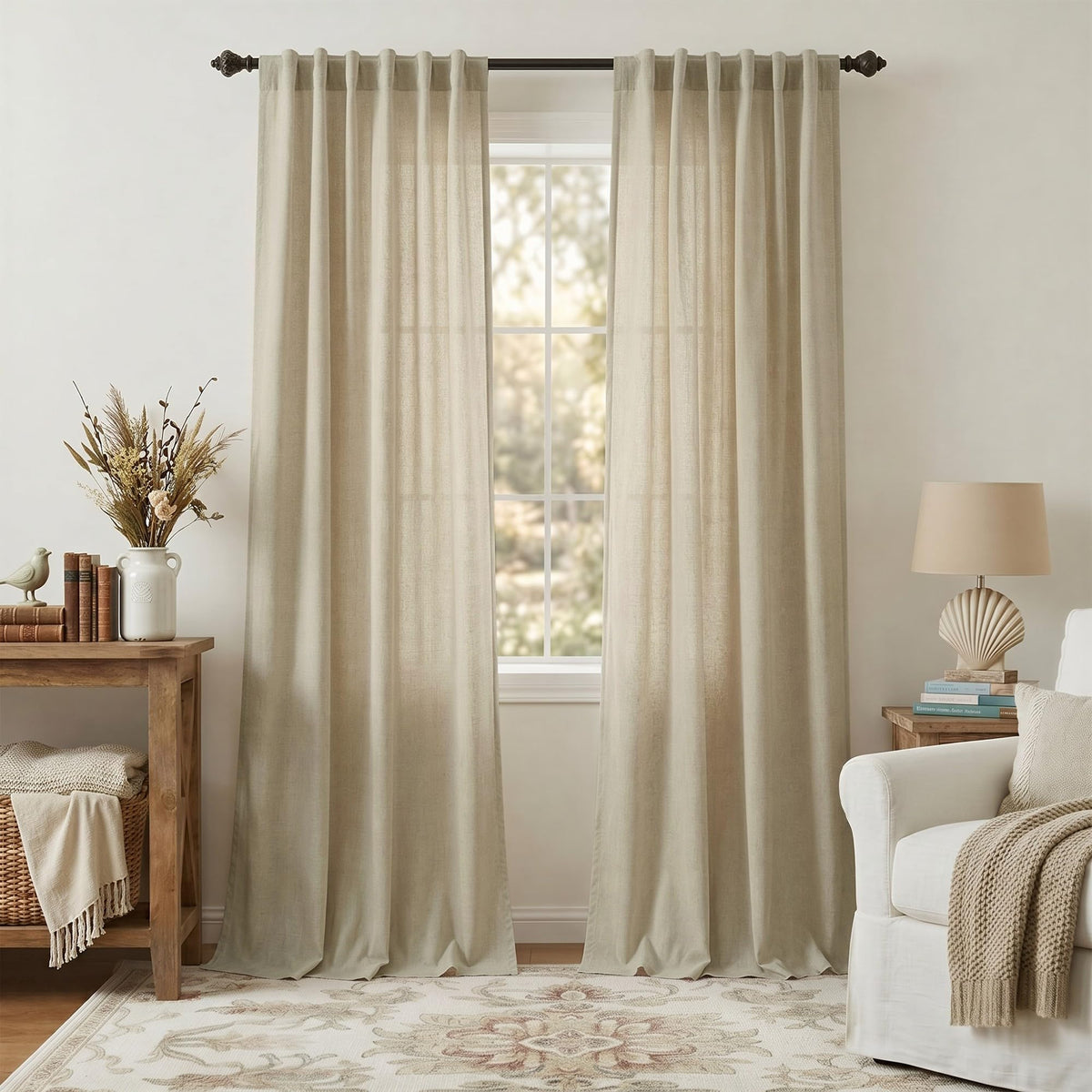Natural Linen Back Tab Curtains 84 Inch Length for Living Room 2 Panel Pocket Drape Light Filtering Semi Sheer Neutral Country Rustic Farmhouse Boho Curtain Bedroom Muslin Look Ivory Cream Colored