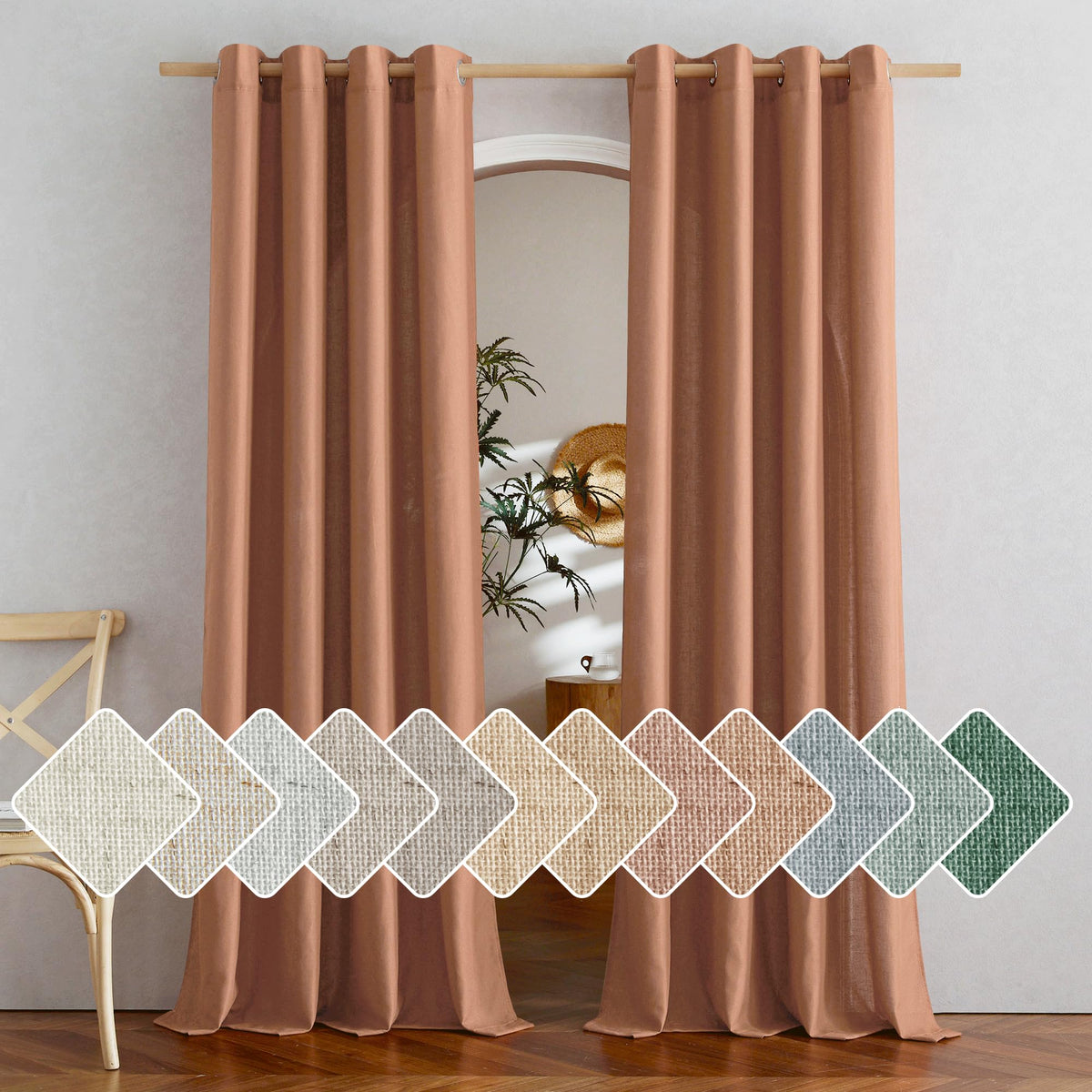NICETOWN Natural Linen Curtains 84 inch Long 2 Panels Set, Grommet Top Thick Linen Burlap Semi Sheer Vertical Drapes Privacy Assured with Light Filtering for Bedroom/Living Room, W55 x L84