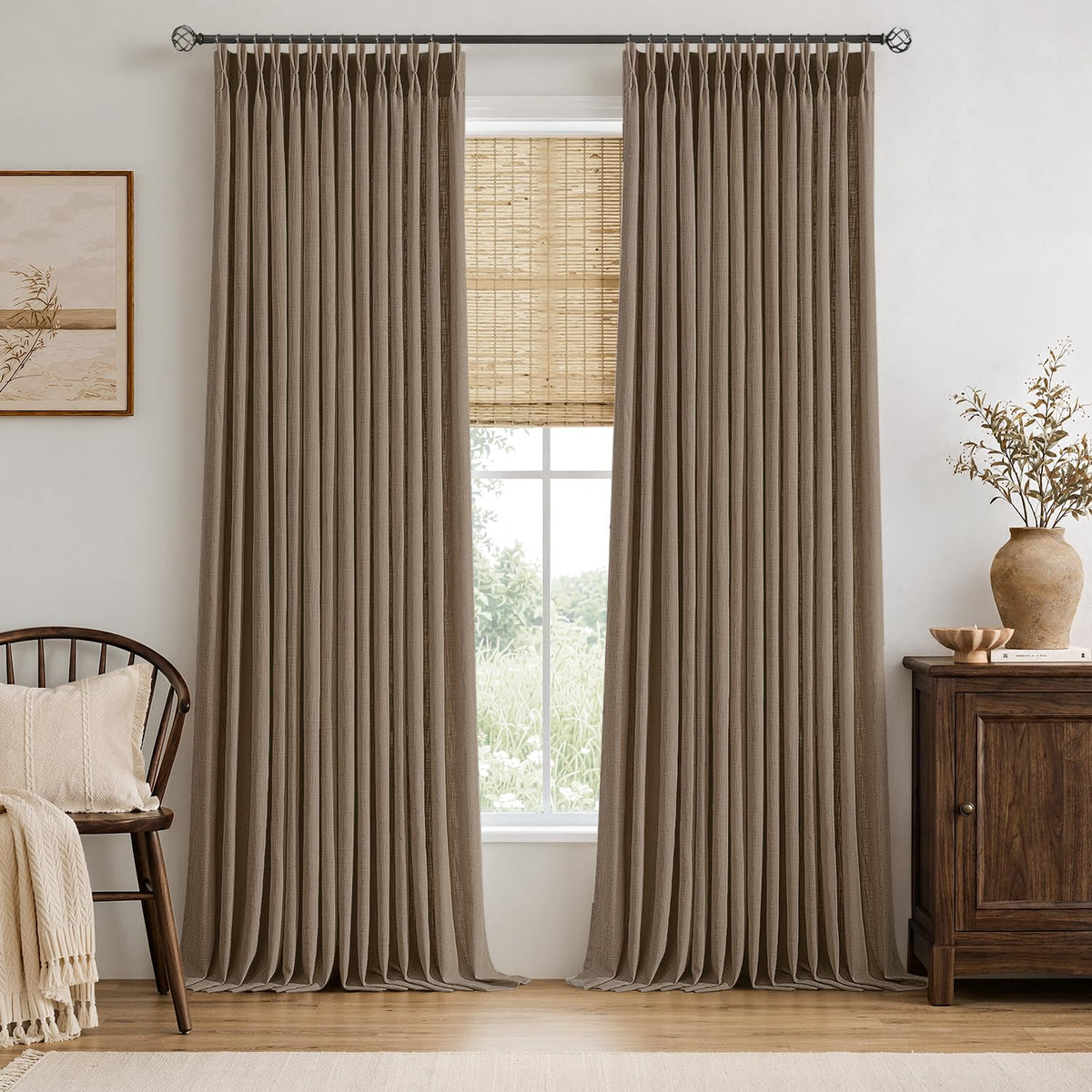 MIULEE Pinch Pleated Linen Curtains 96 Inches Long Beige White 2 Panels