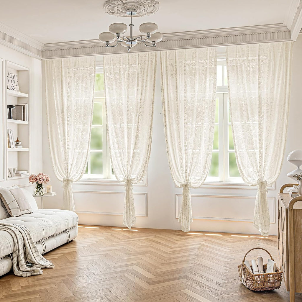 Beige 3D Floral Semi Sheer Curtains, 52W x 84L, 2 Panels
