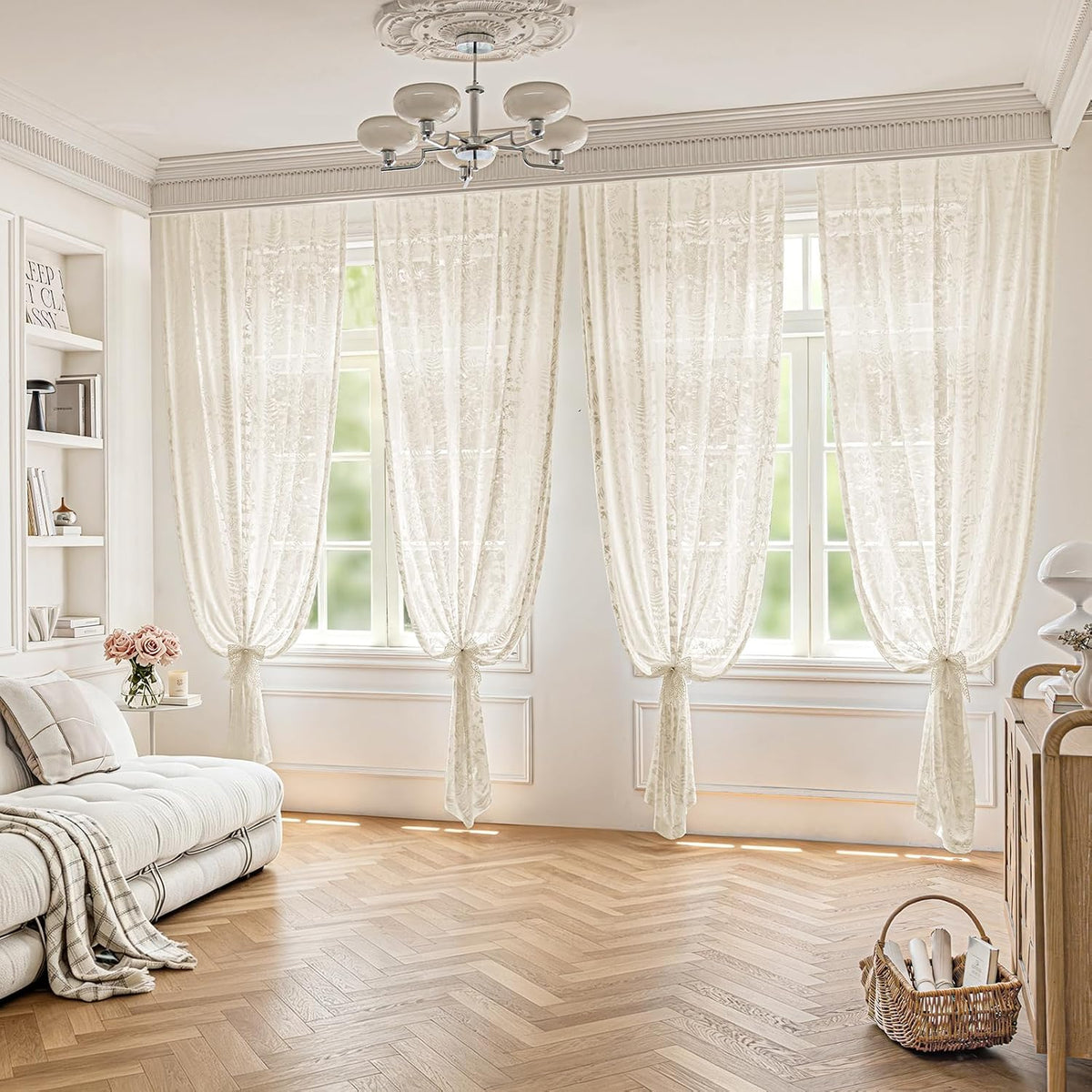 Beige 3D Floral Semi Sheer Curtains, 52W x 84L, 2 Panels