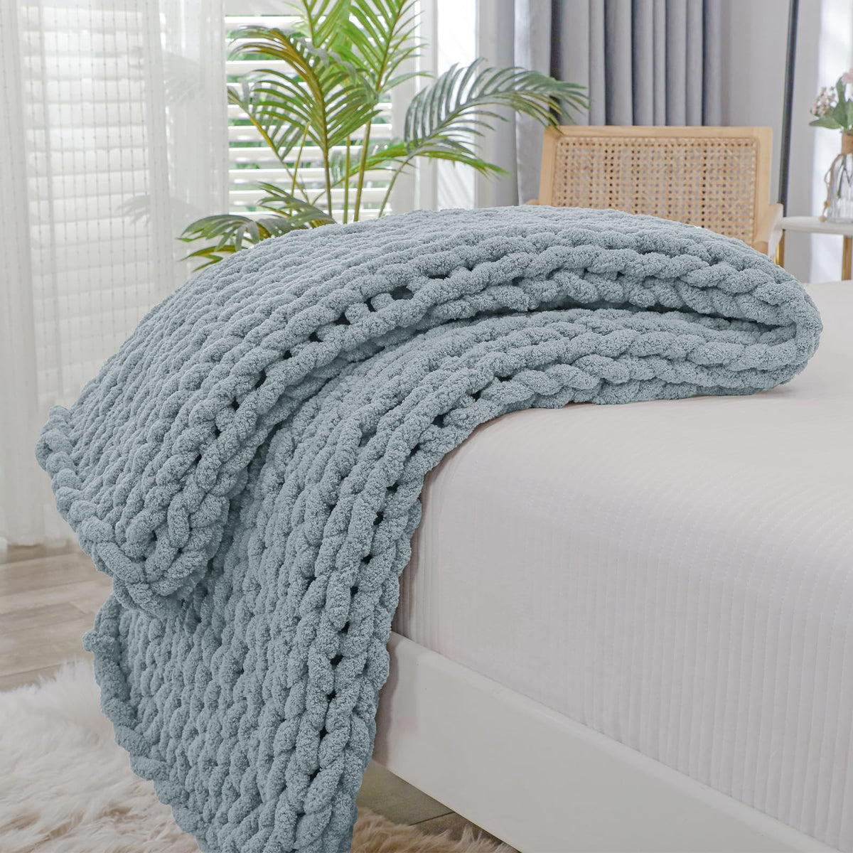 Bigacogo Chunky Knit Throw Blanket for Couch, 40x60 inches, Beige