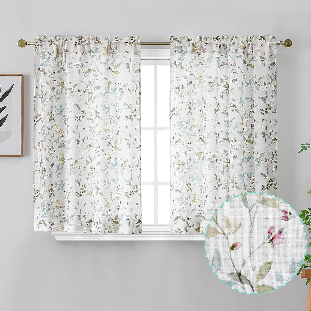 Chyhomenyc Roman Linen Blend Curtains 45 Inch Length 2 Panels, Light Filtering Soft Airy Leaf Floral Printed Rod Pocket Textured Window Treatment Drapes for Living Room Bedroom, 38Wx45L Inch, 2 PCS