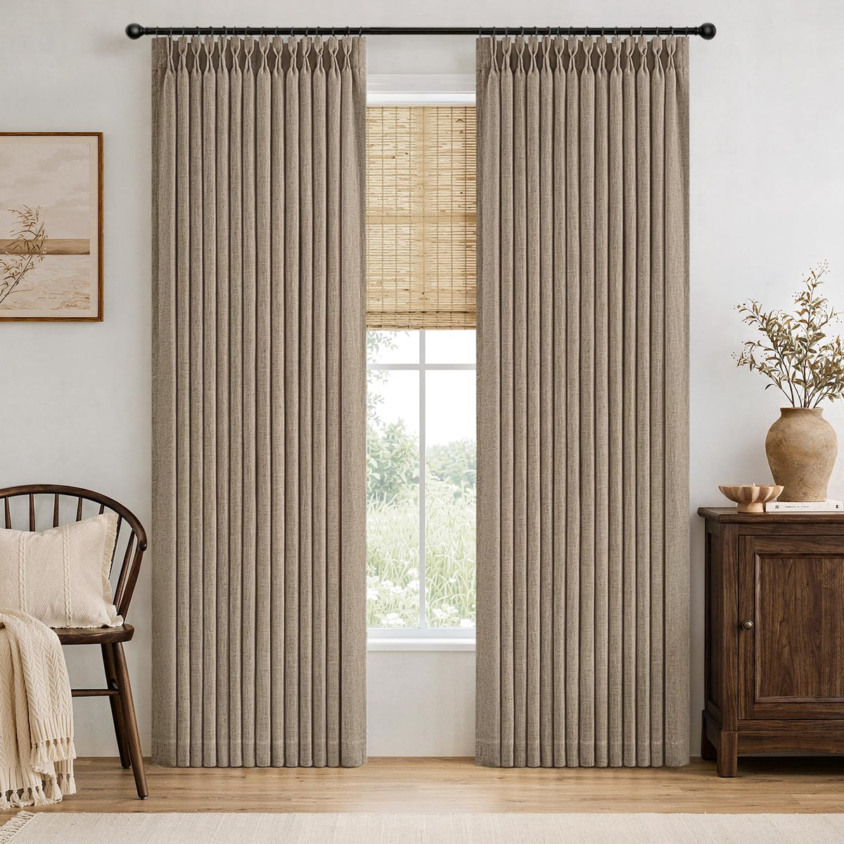 MIULEE Pinch Pleated Linen Curtains 96 Inches Long Beige White 2 Panels
