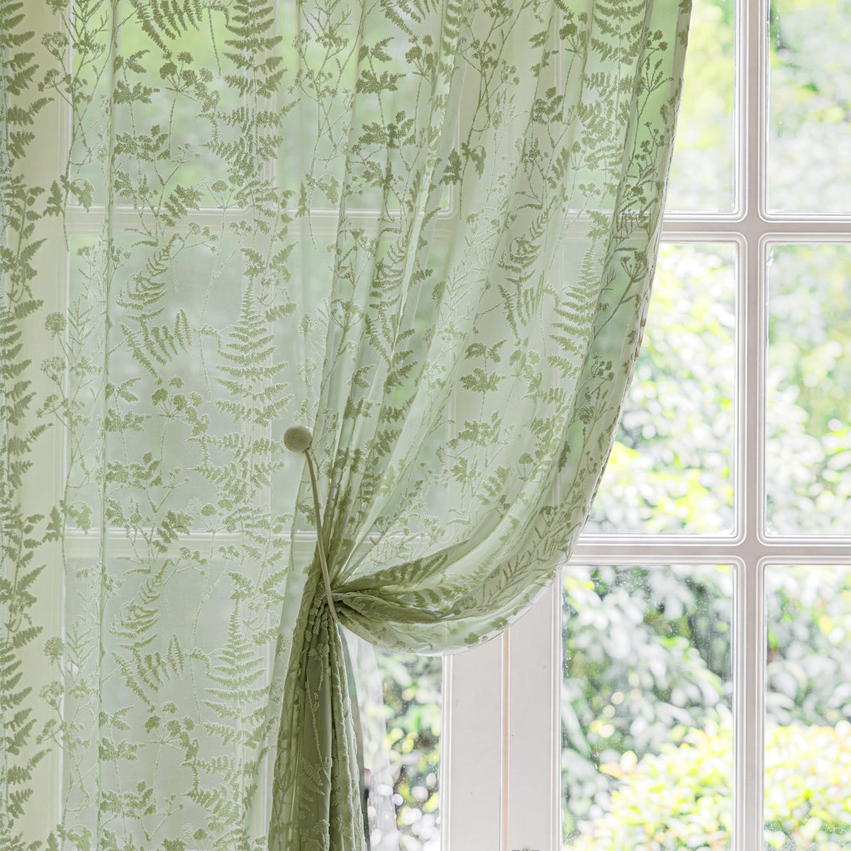 Beige 3D Floral Semi Sheer Curtains, 52W x 84L, 2 Panels