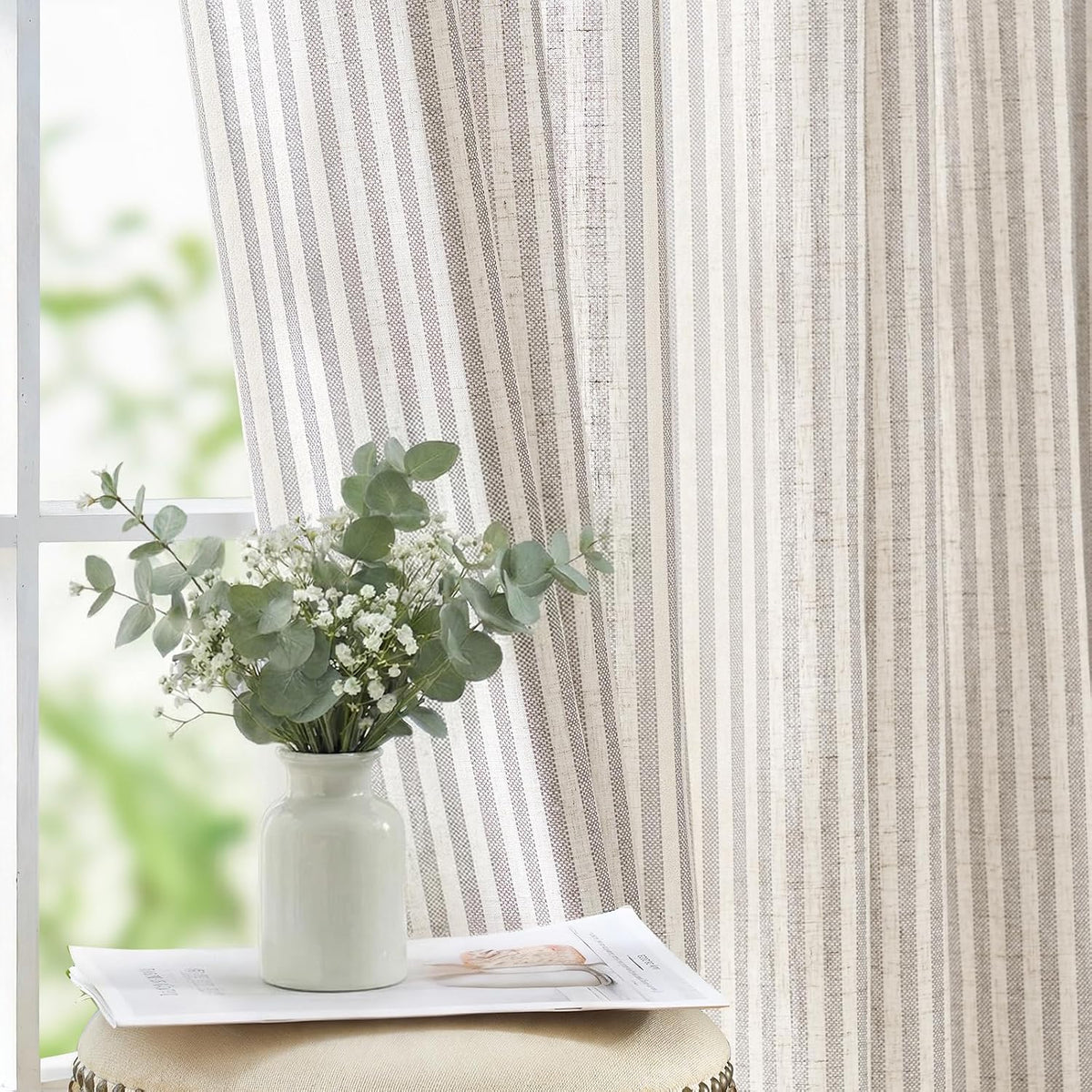 jinchan Linen Curtains 84 Inch Taupe Grey Stripe on Beige Grommet 2 Panels