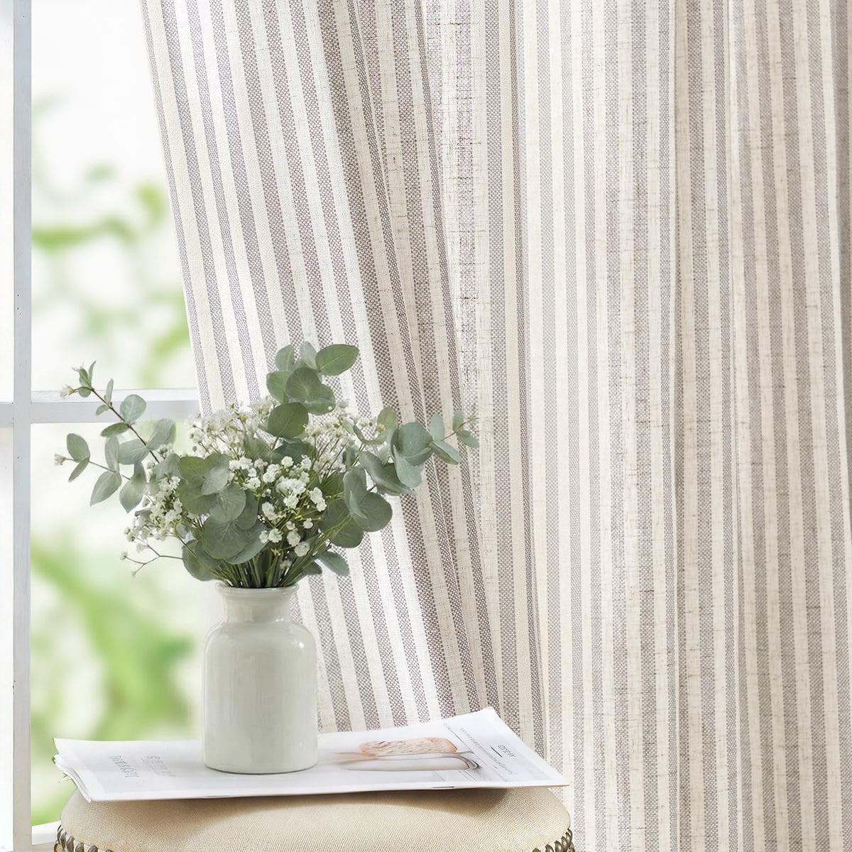 jinchan Linen Curtains 84 Inch Taupe Grey Stripe on Beige Grommet 2 Panels