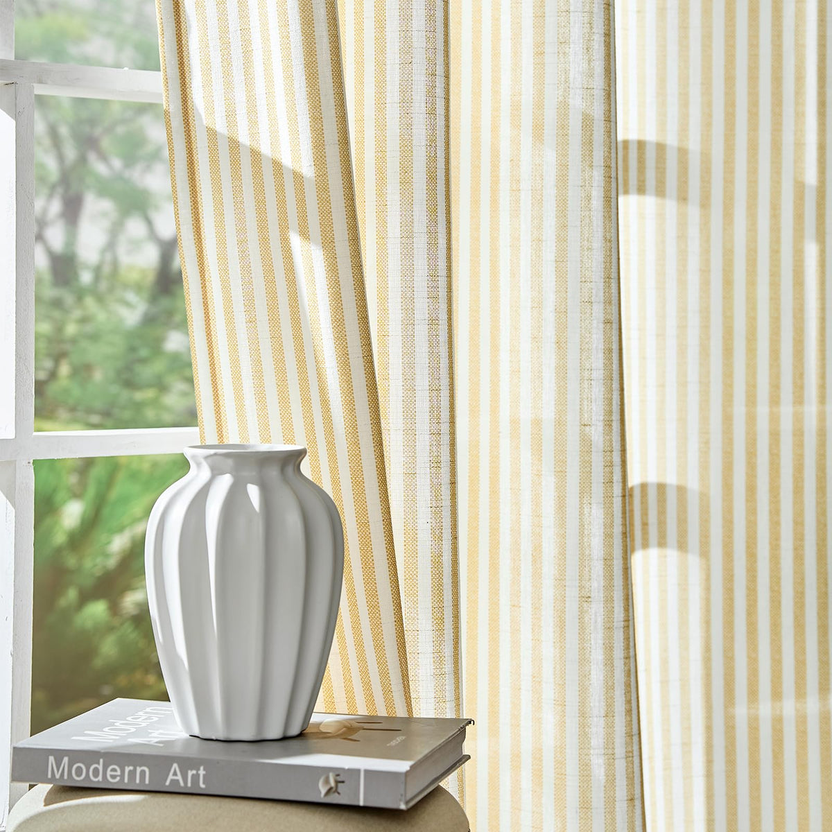 jinchan Linen Curtains 84 Inch Taupe Grey Stripe on Beige Grommet 2 Panels
