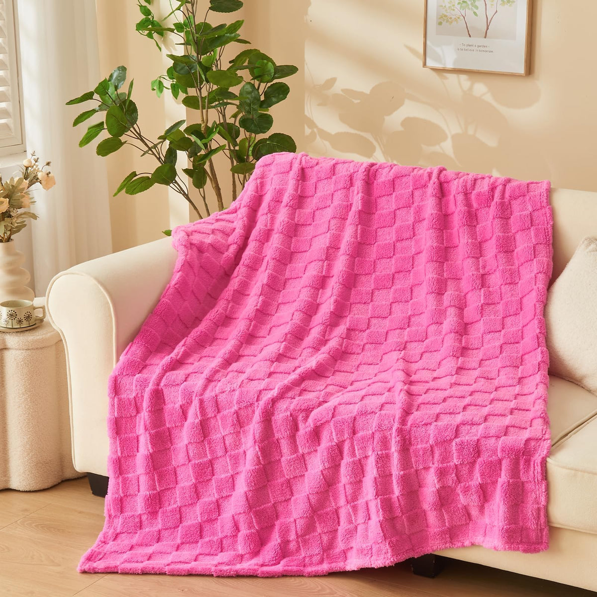 NEWCOSPLAY 3D Checkered Flannel Throw Blanket, Ivory Checkered, 50"x70"
