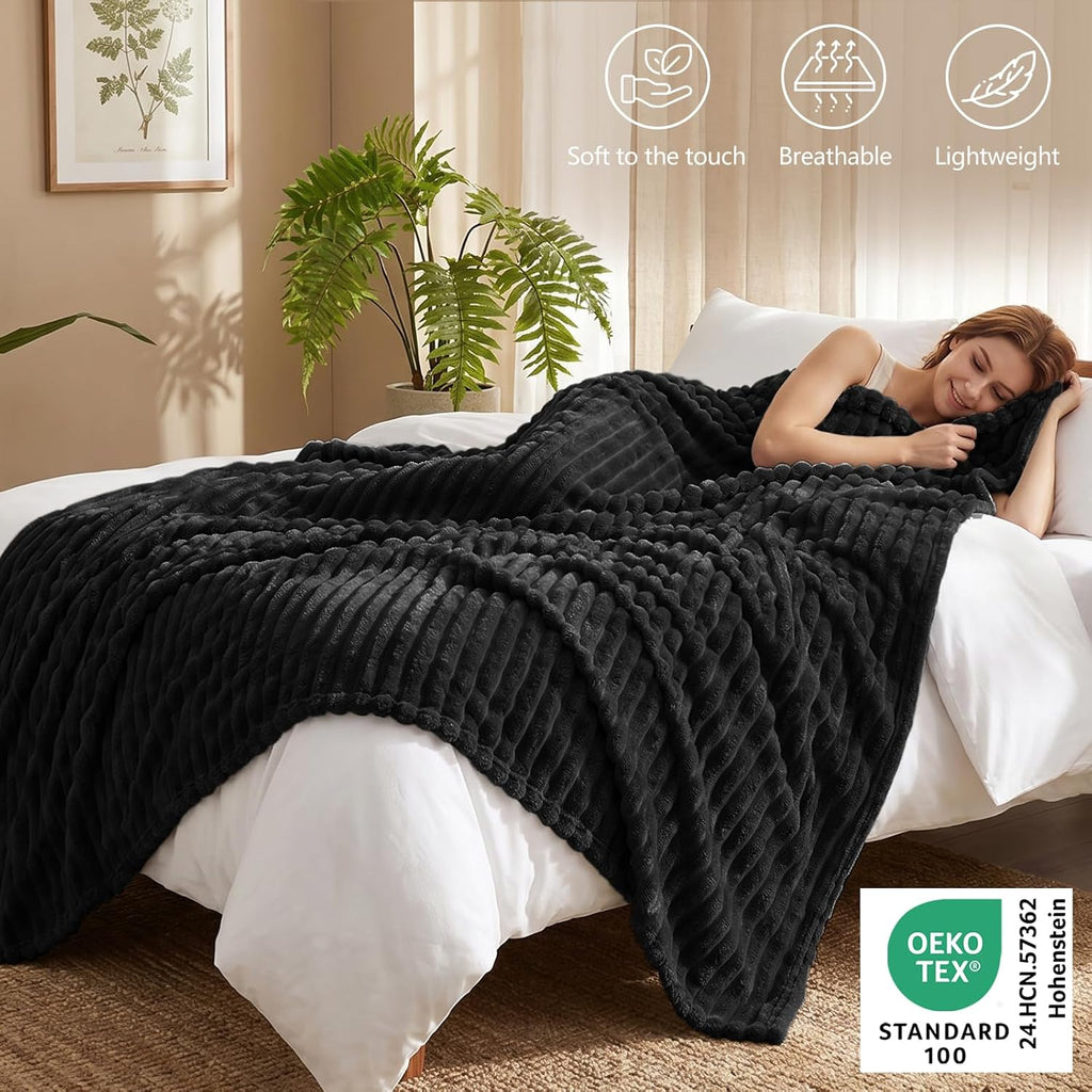 CozyLux Black Throw Blanket for Couch, Ribbed Fleece, 50 x 60 Inch