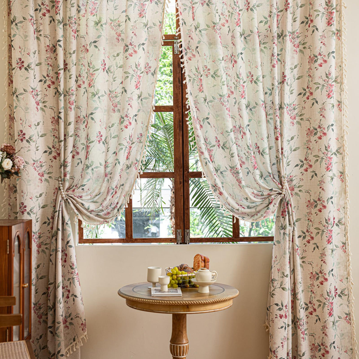 ENJOYBRIDAL Floral Curtains 84 Inch Long Living Room Boho Drapes Bedroom 2 Panels Semi Sheer Floor Length Window Curtain Panels Vintage Rod Pocket Tassel Farmhouse Nursery Window Treatments