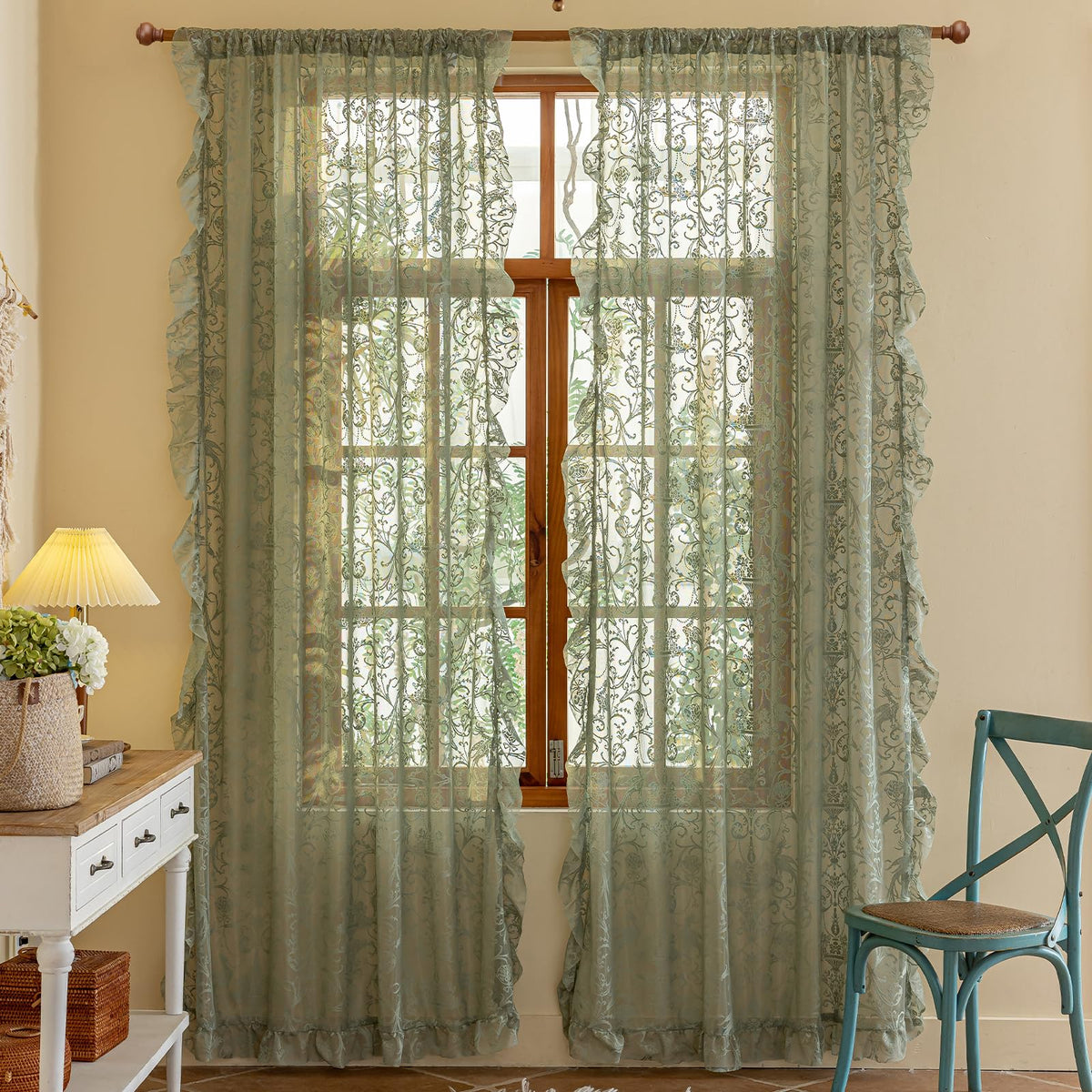 TUDECO Lace Maroon Curtains 96 Inches Long 1 Pair - French Floral Sheer Burgundy Curtains for Living Room, Art Decor Rod Pocket Ruffled Edges Dark Wine Red Drapes, 59 x 96 Inch, Burgundy