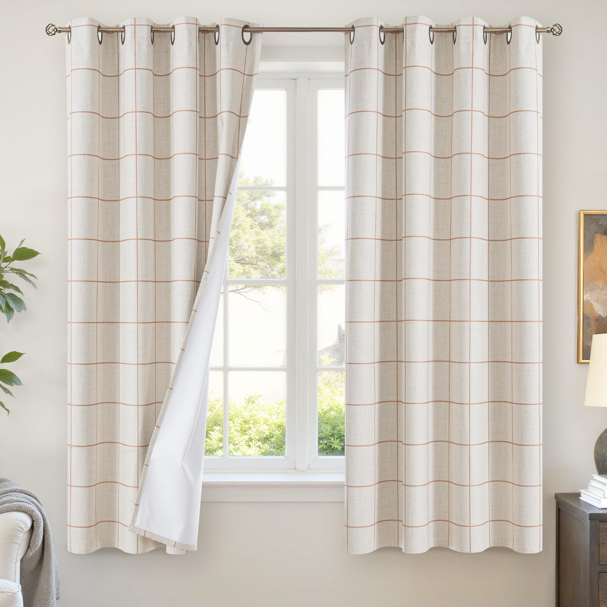 Lajode Linen Blackout Curtains - Boho Plaid 52x84 Inch 2 Panels, Natural