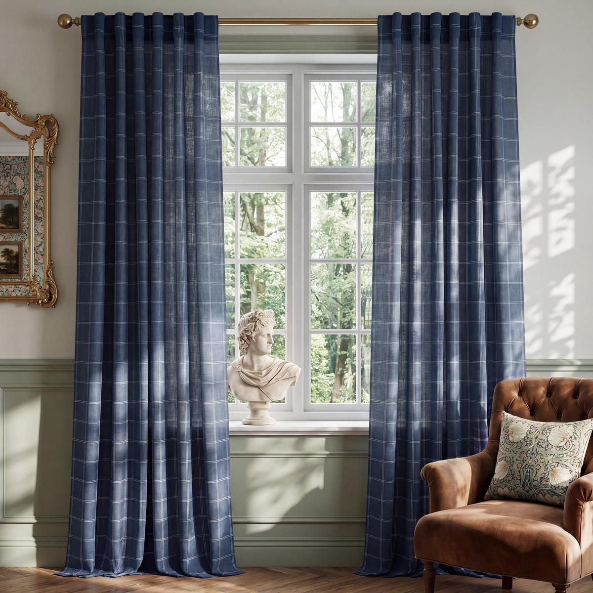 NICETOWN Moss Green Linen Plaid Curtains 96 inches Long for Bedroom