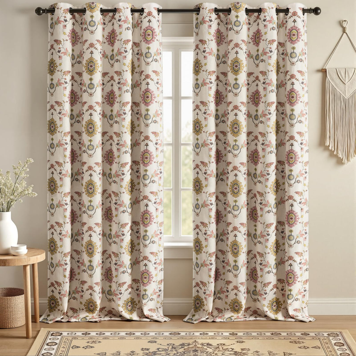 Boho Floral 100% Blackout Curtains 84 Inch 2 Panels Linen Texture
