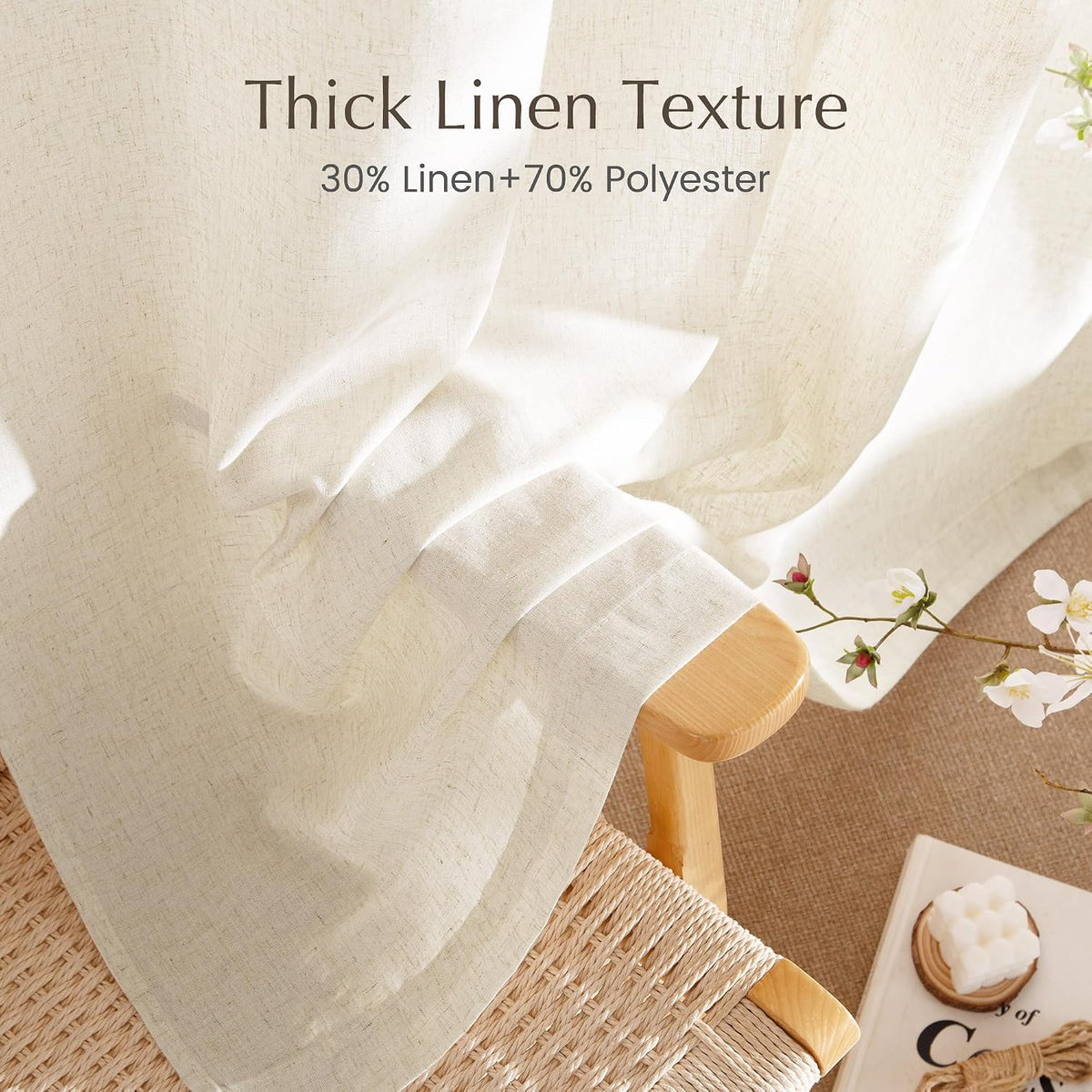 NICETOWN Flax Sheer Linen Curtains for Living Room 95 inch Long 2 Panels, Rod Pocket & Back Tab Semi Sheer Drapes Privacy Added with Light Filtering for Bedroom/Living Room, Natural, W55 x L95