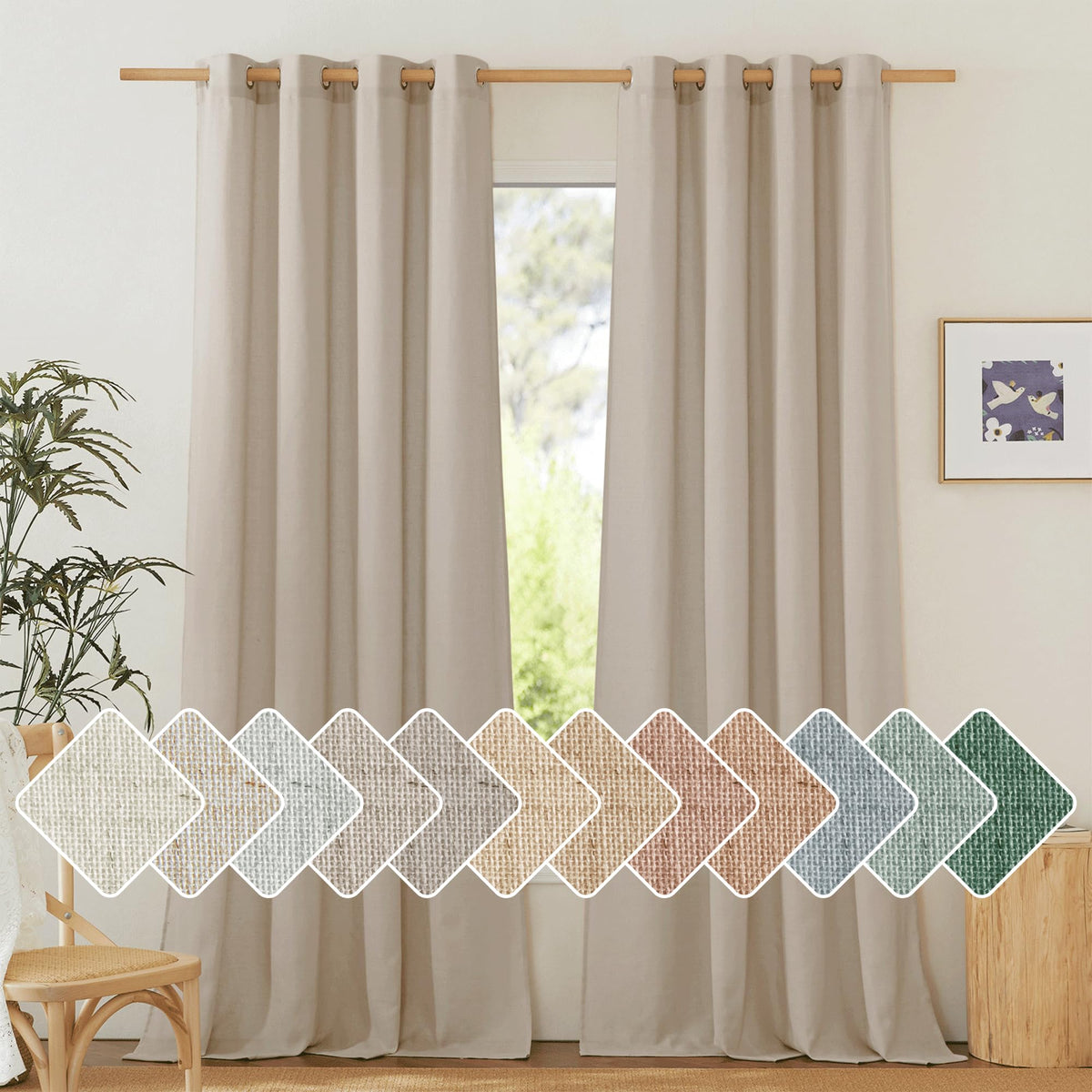 NICETOWN Natural Linen Curtains 84 inch Long 2 Panels Set, Grommet Top Thick Linen Burlap Semi Sheer Vertical Drapes Privacy Assured with Light Filtering for Bedroom/Living Room, W55 x L84
