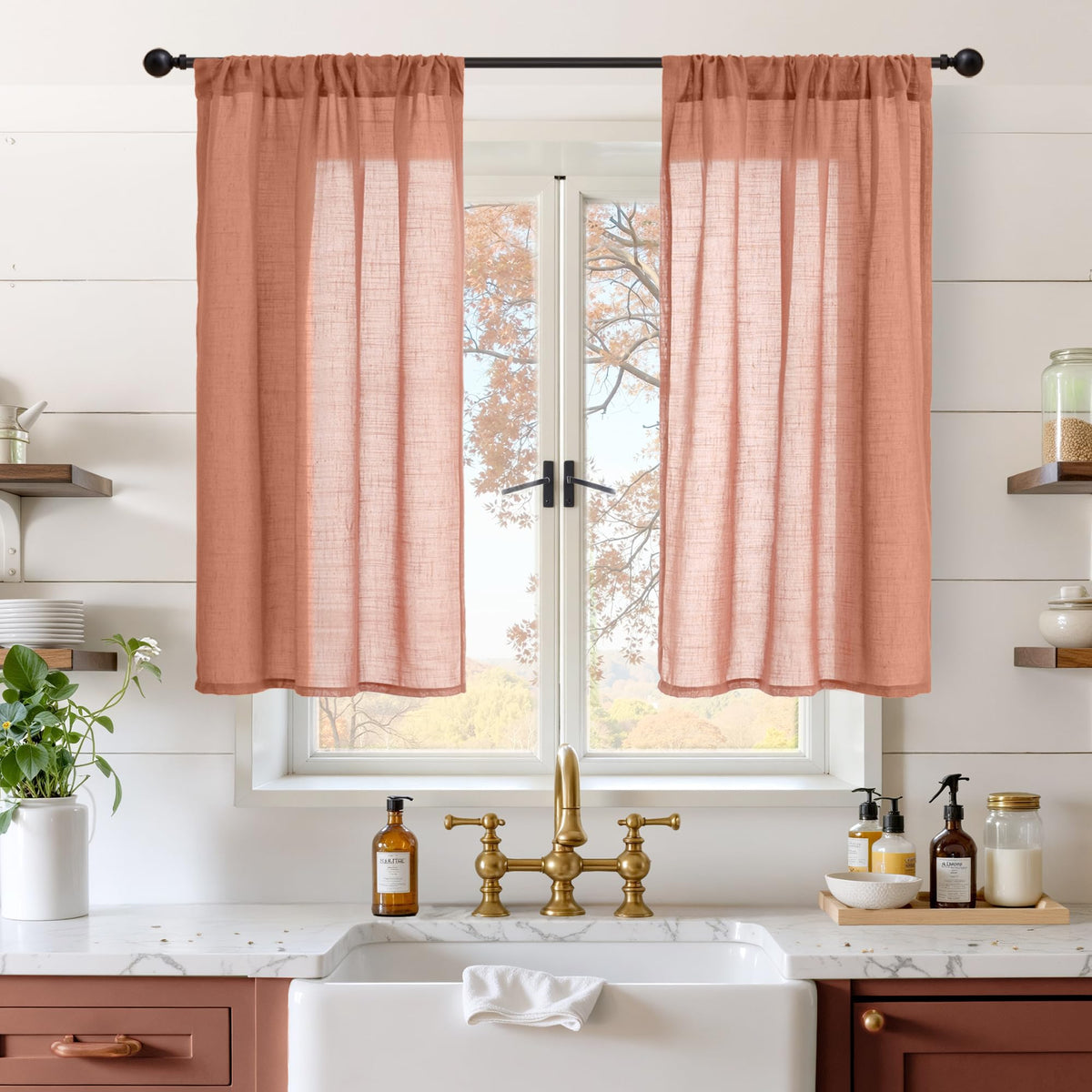 BGment Tan Linen Curtains 84 Inch Length 2 Panels Burlap Semi Sheer Drapes