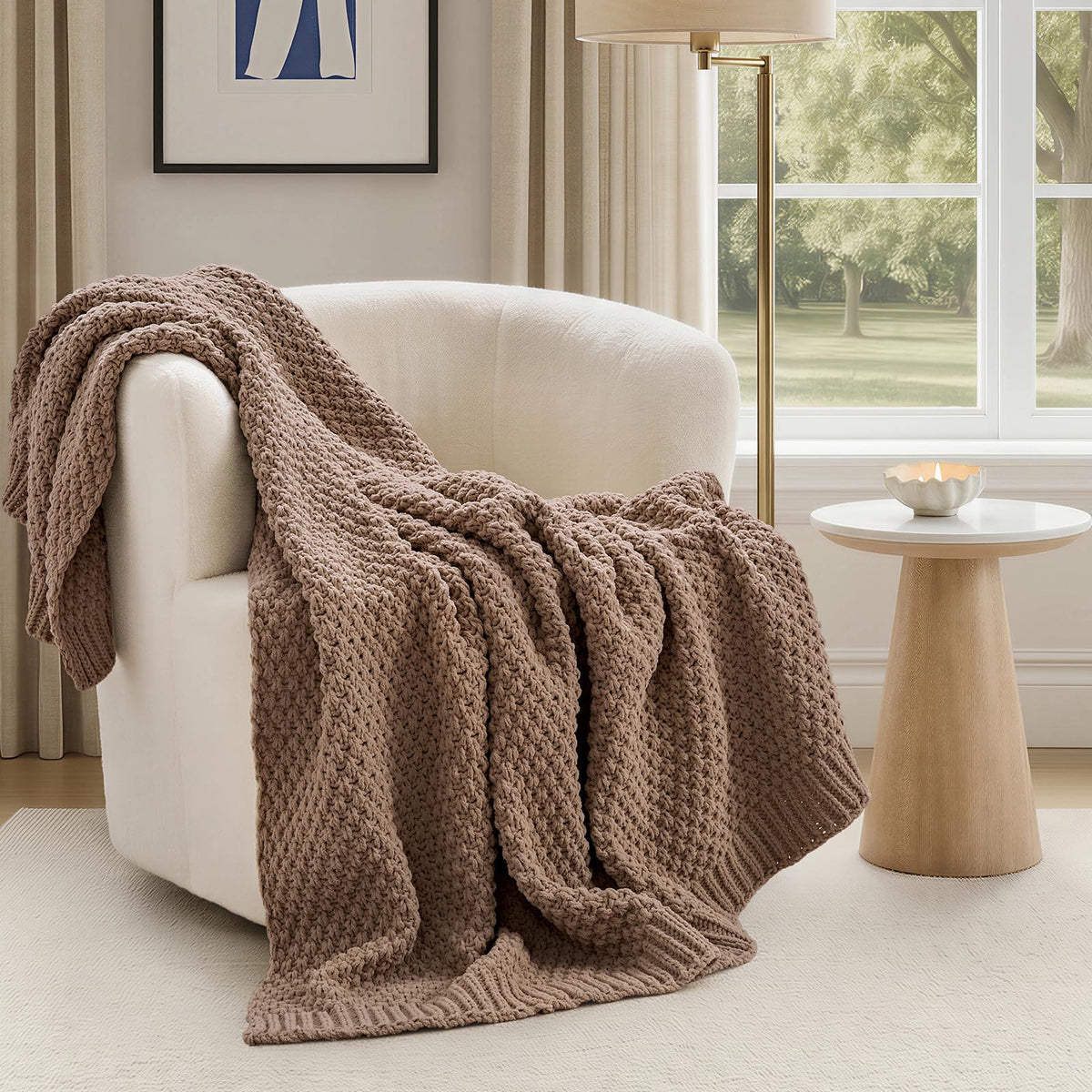 EVERGRACEHOME Chunky Chenille Knit Throw Blanket, 50 x 60, Olive Green