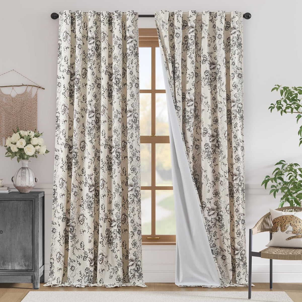 jinchan Vintage Floral Linen Curtains 84 Long for Living Room 2 Panels