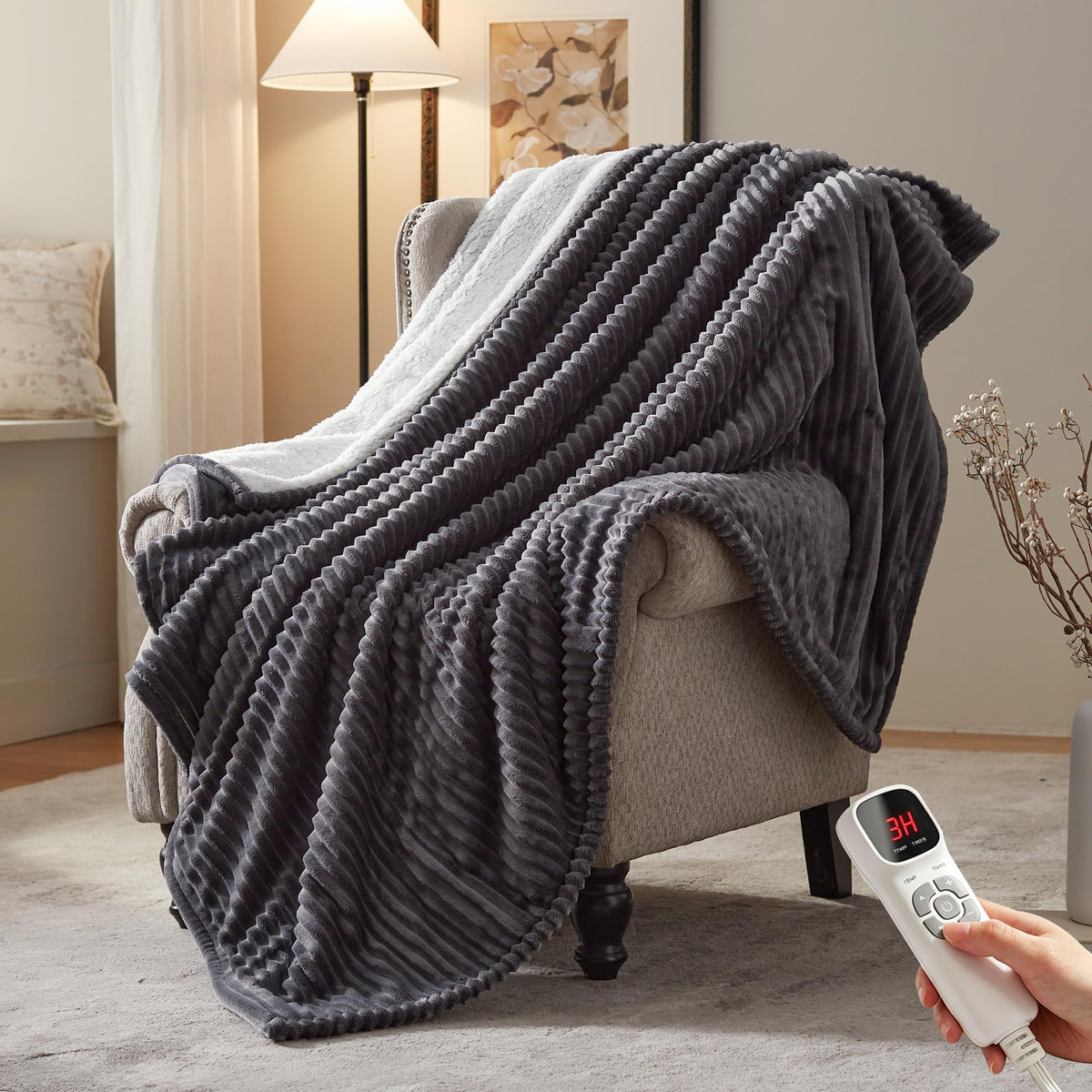 Electric Heated Blanket,50"x60" Heating Throw Flannel London Grey