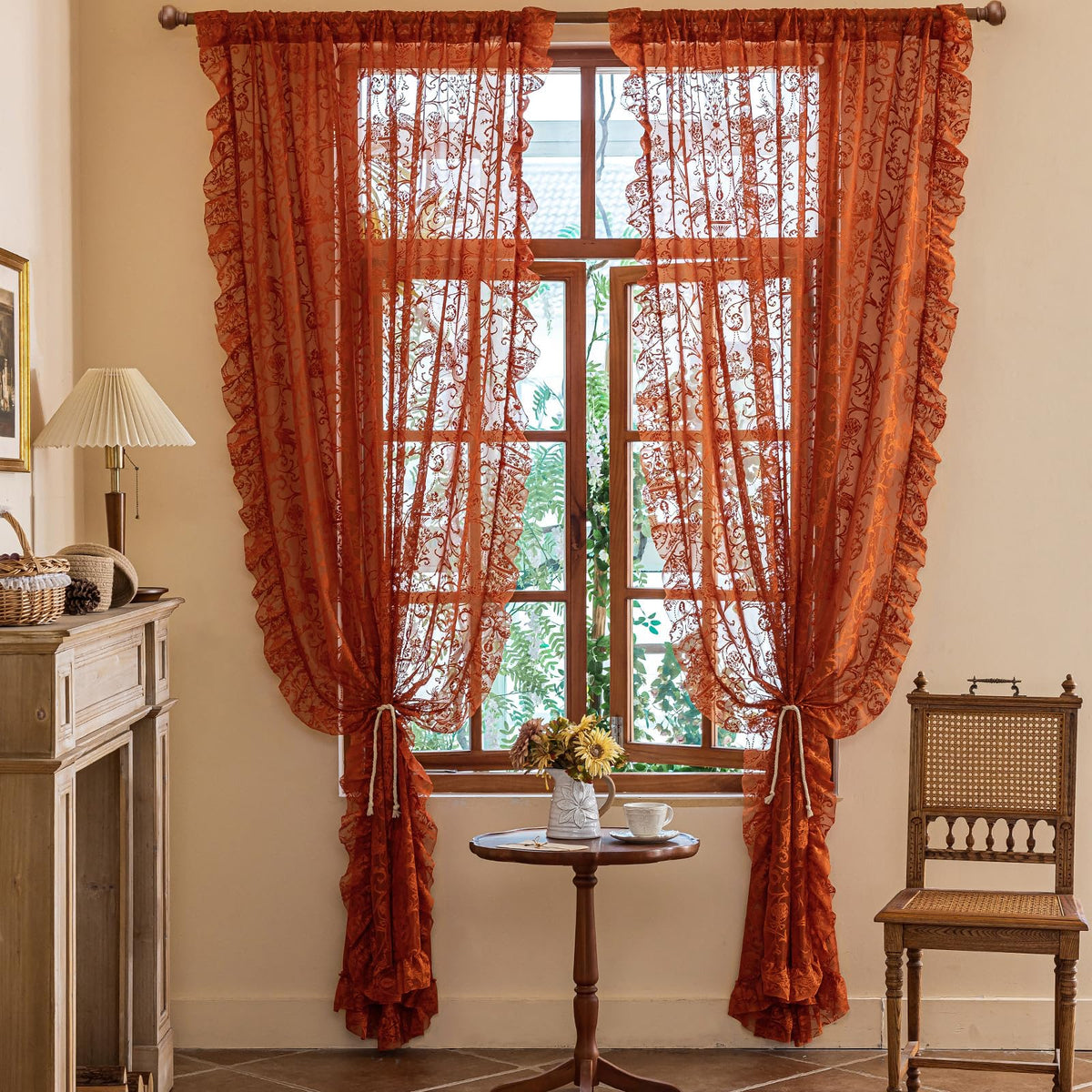 TUDECO Lace Maroon Curtains 96 Inches Long 1 Pair - French Floral Sheer Burgundy Curtains for Living Room, Art Decor Rod Pocket Ruffled Edges Dark Wine Red Drapes, 59 x 96 Inch, Burgundy