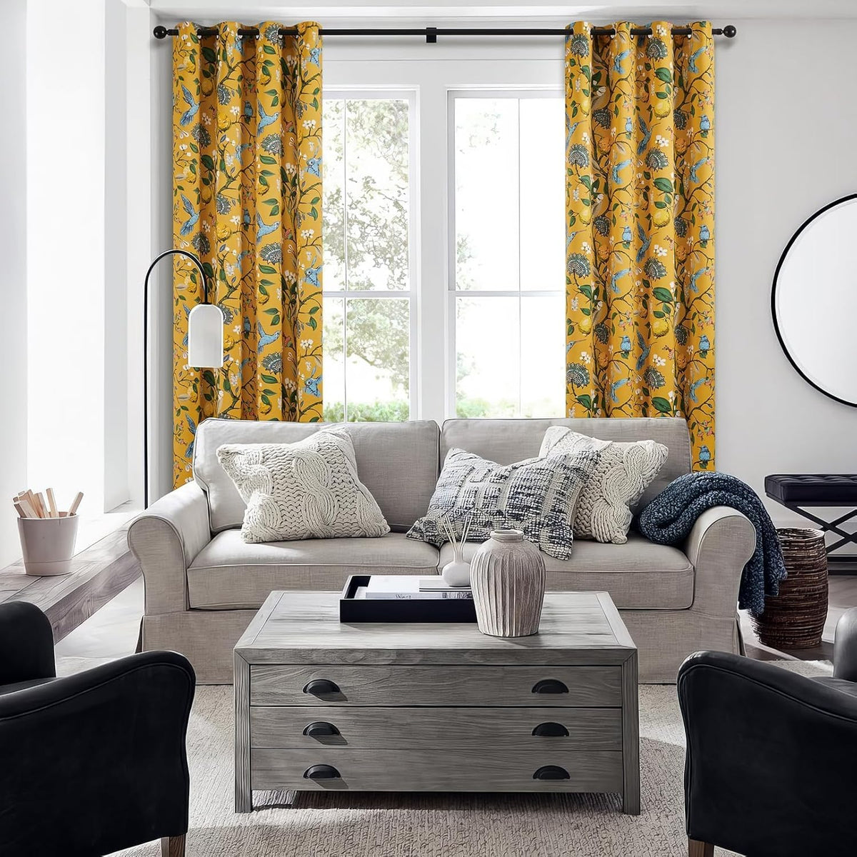 Topfinel Mustard Yellow Vintage Curtains & Drapes 84 Inches Long, Grommet Luxury Whimsical Floral Lemon Hummingbird Patterned Waverly Mid Century Colorful Blackout Drapes for Living Room Bedroom