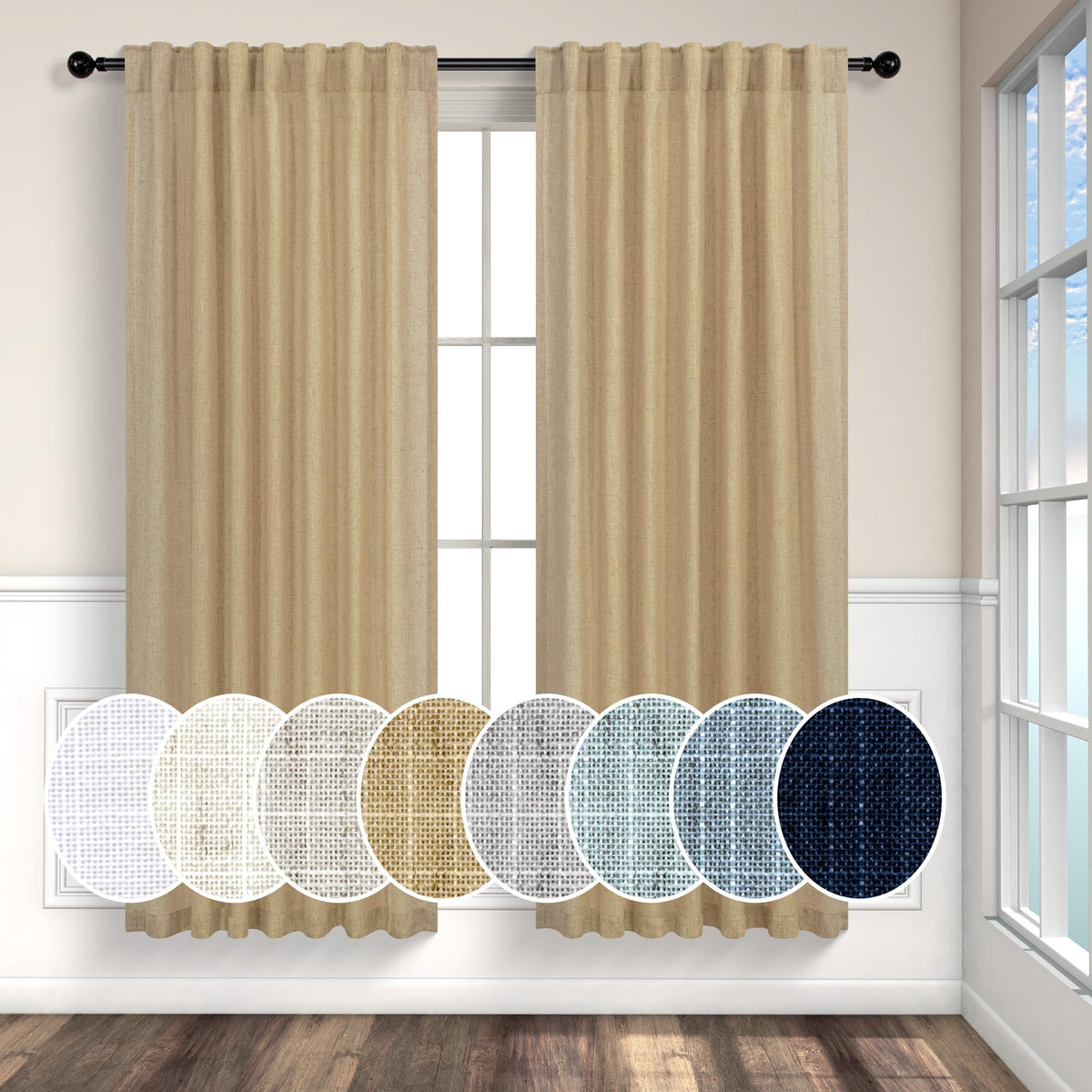Natural Linen Back Tab Curtains 84 Inch Length for Living Room 2 Panel Pocket Drape Light Filtering Semi Sheer Neutral Country Rustic Farmhouse Boho Curtain Bedroom Muslin Look Ivory Cream Colored