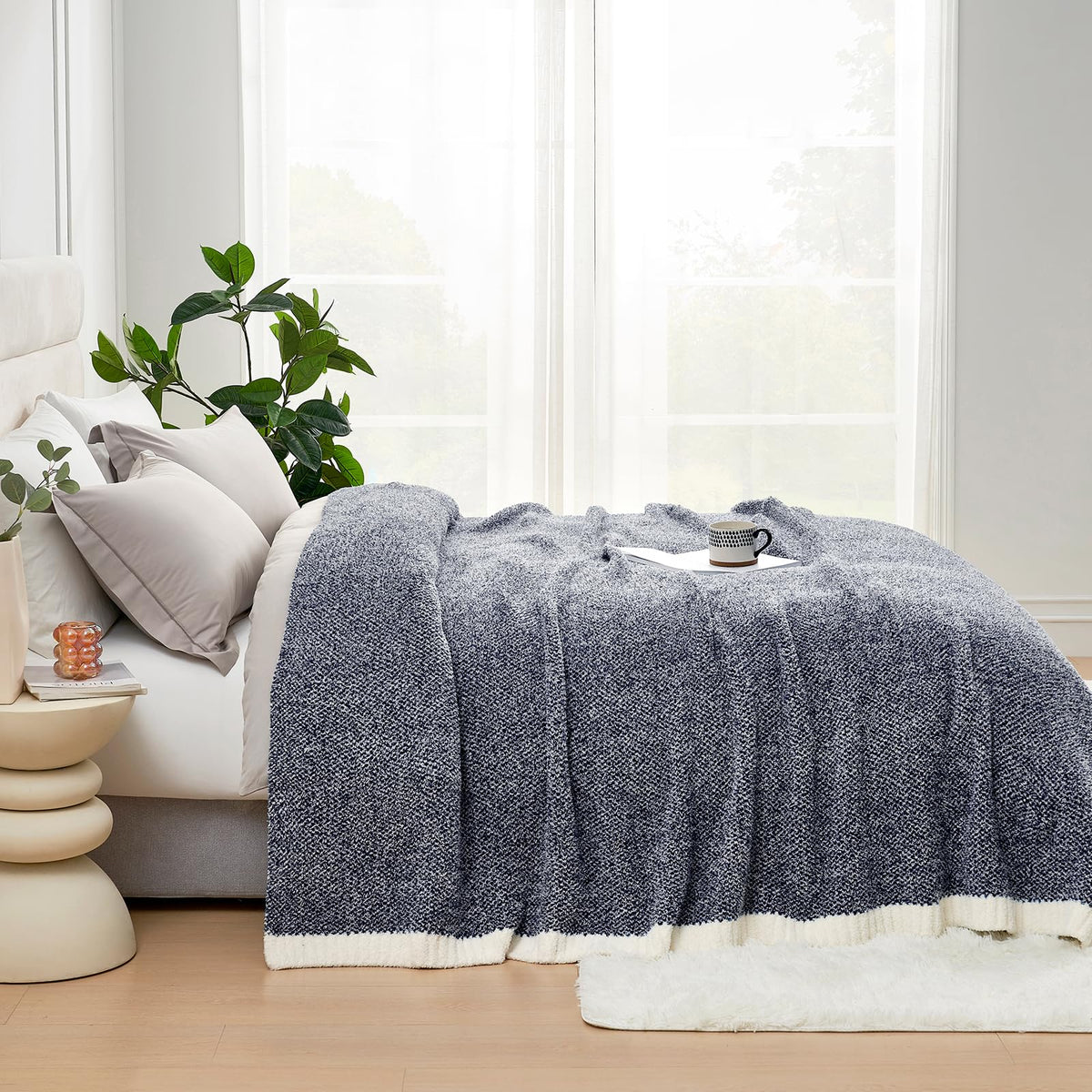 Snuggle Sac Buttery Ivory Throw Blanket for Couch, Reversible Super Soft Knitted Blankets, Warm Cozy Knit Fuzzy Plush Lightweight Throws Dupes for Sofa, Bed, Picnic, Ivory, 50 x 60 inches