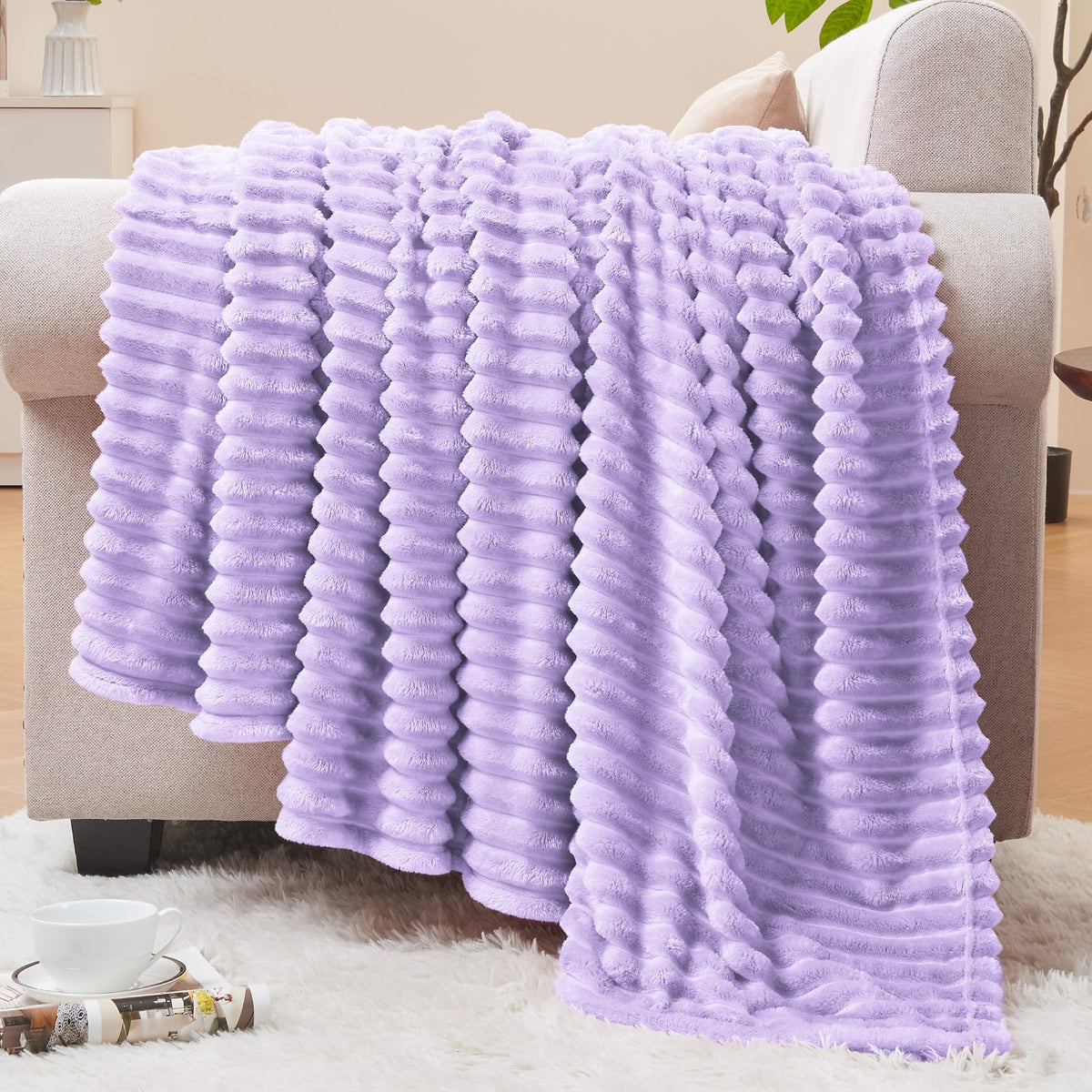 BEDELITE 3D Ribbed Jacquard Pink Fleece Throw Blanket for Couch, 50x60 Inch