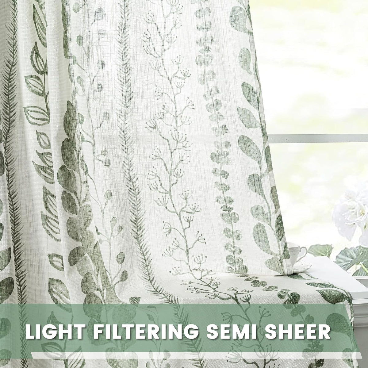 MEETSKY Sage Green Curtains 72 Inches Long 2 Panels Boho Curtains for Living Room Light Filtering Patterned Drapes for Bedroom Linen Style Back Tab Leaf Print Window Treatment, 50” Wide Each Panel