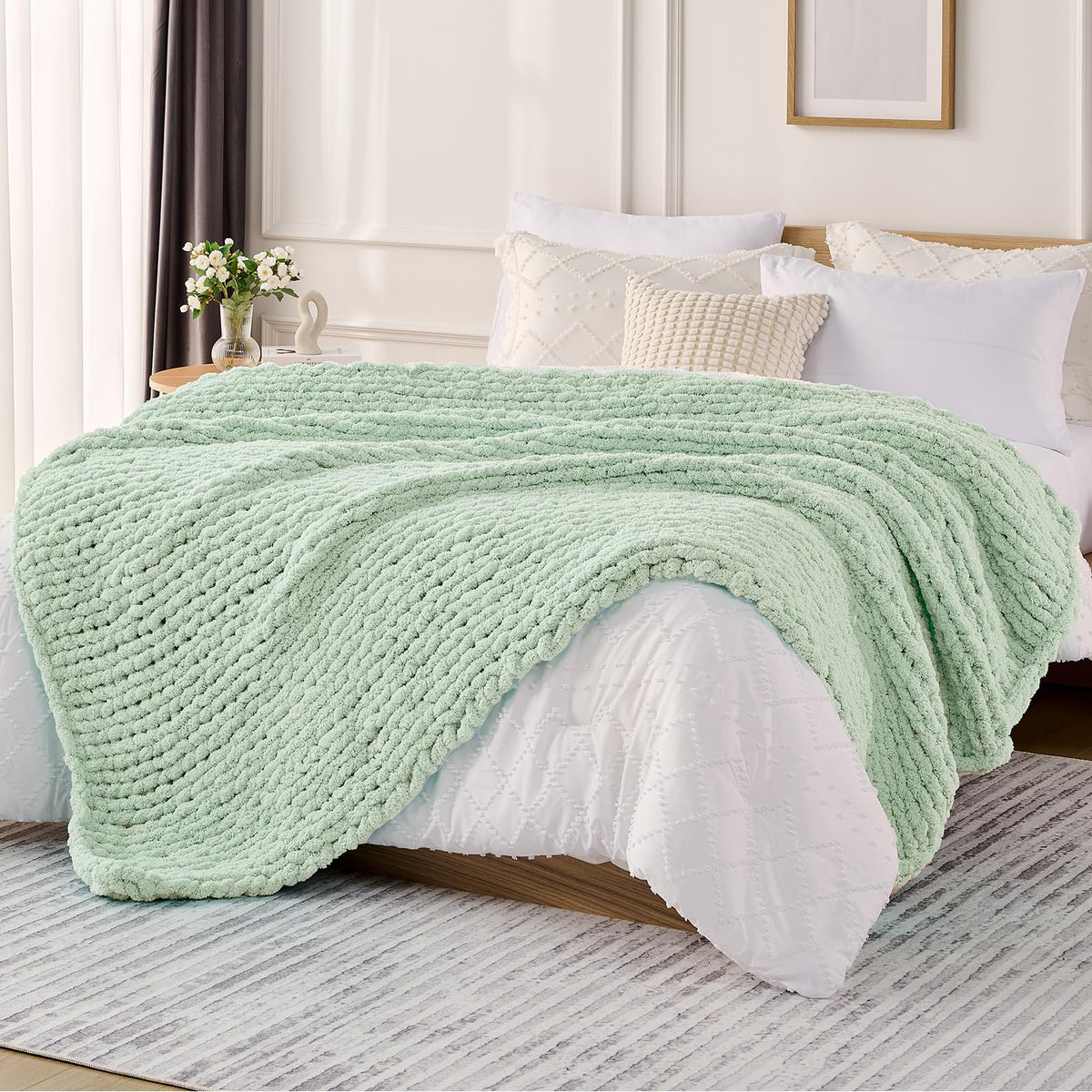 L'AGRATY Chunky Knit Throw Blanket for Couch, 50'' x 60'' Knit Throw, Ivory